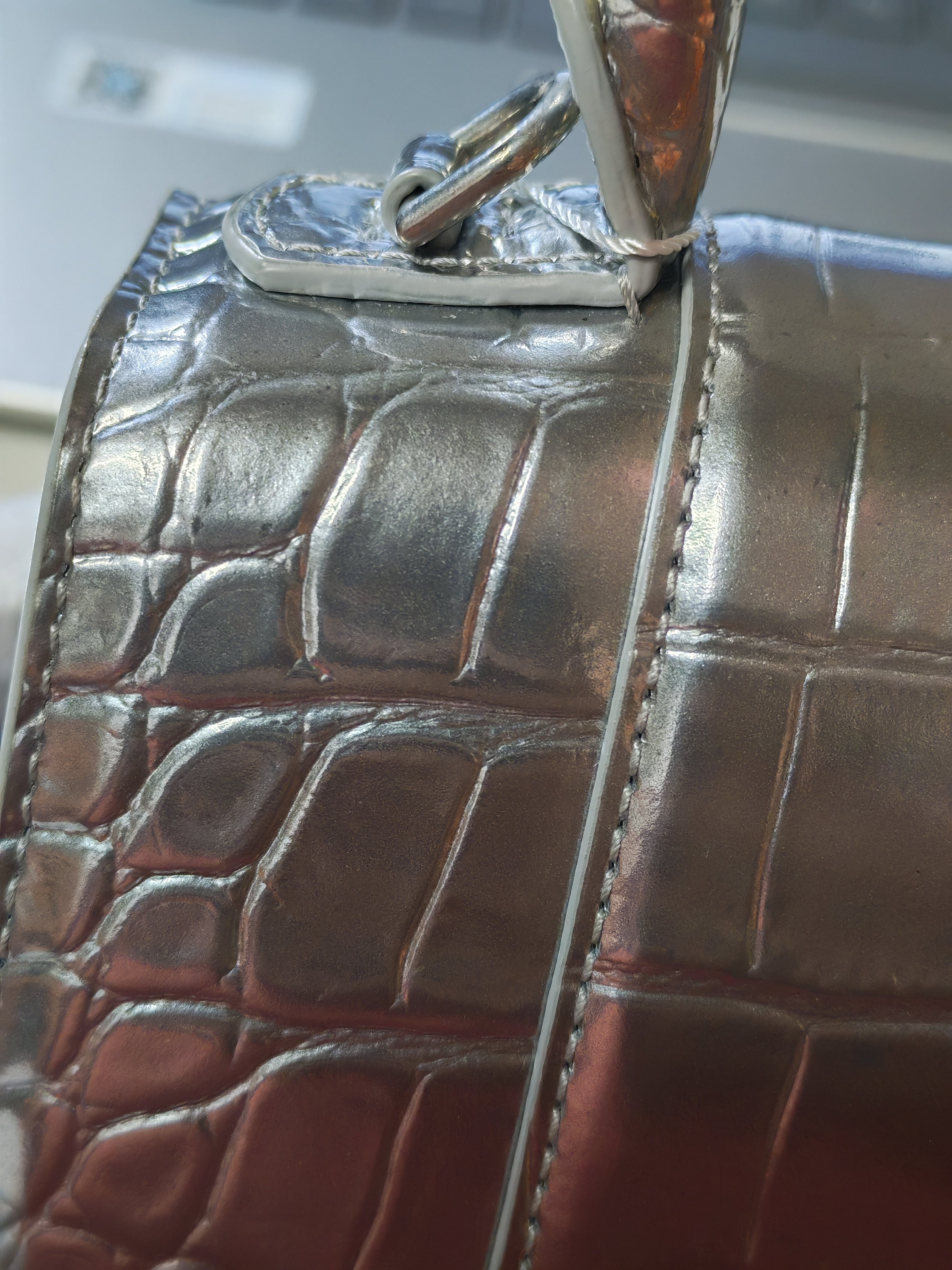Hourglass Mini in Metallic Silver Crocodile Embossed Leather | Purse Maison Luxury Bags Shop
