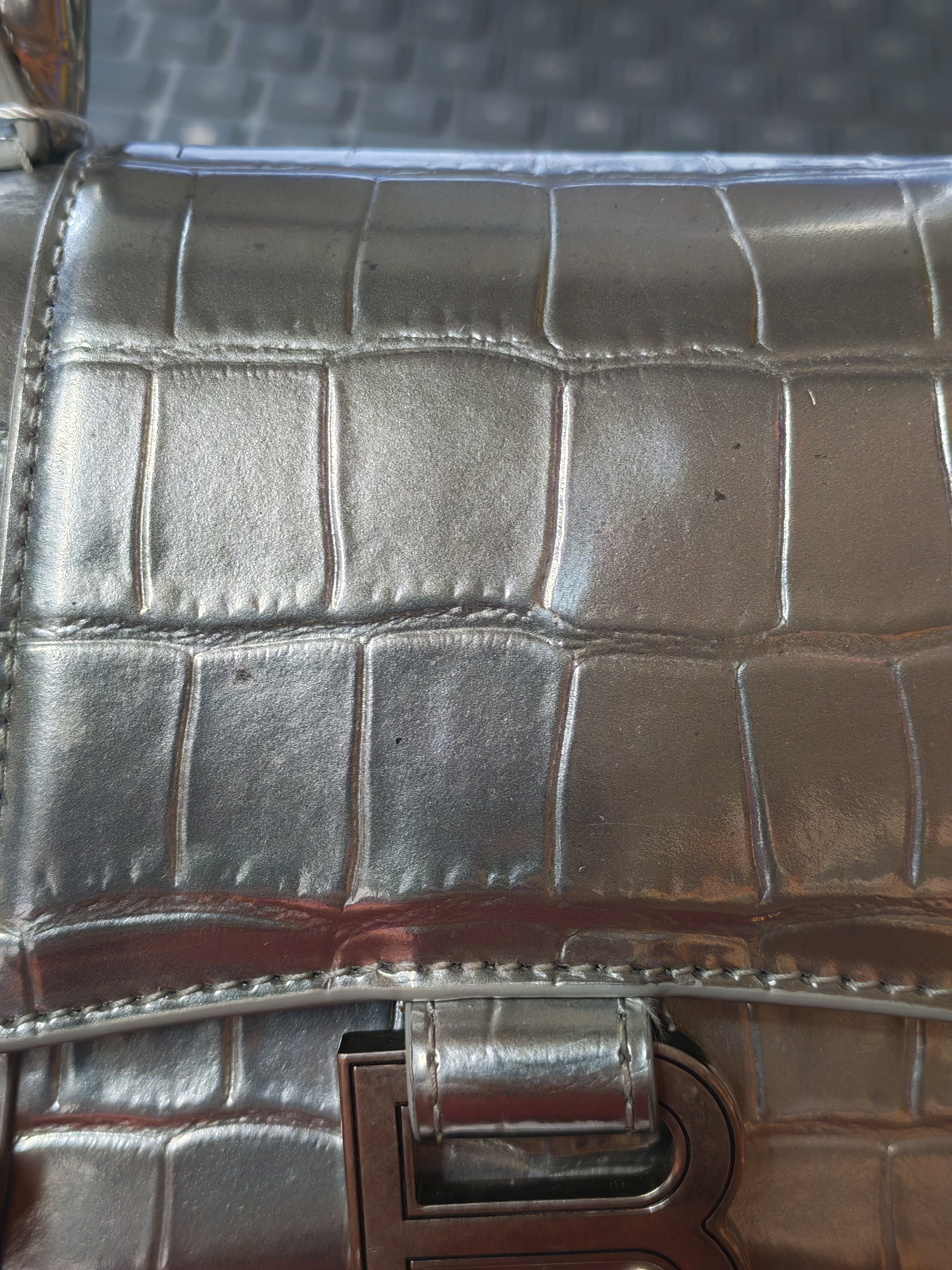 Hourglass Mini in Metallic Silver Crocodile Embossed Leather | Purse Maison Luxury Bags Shop