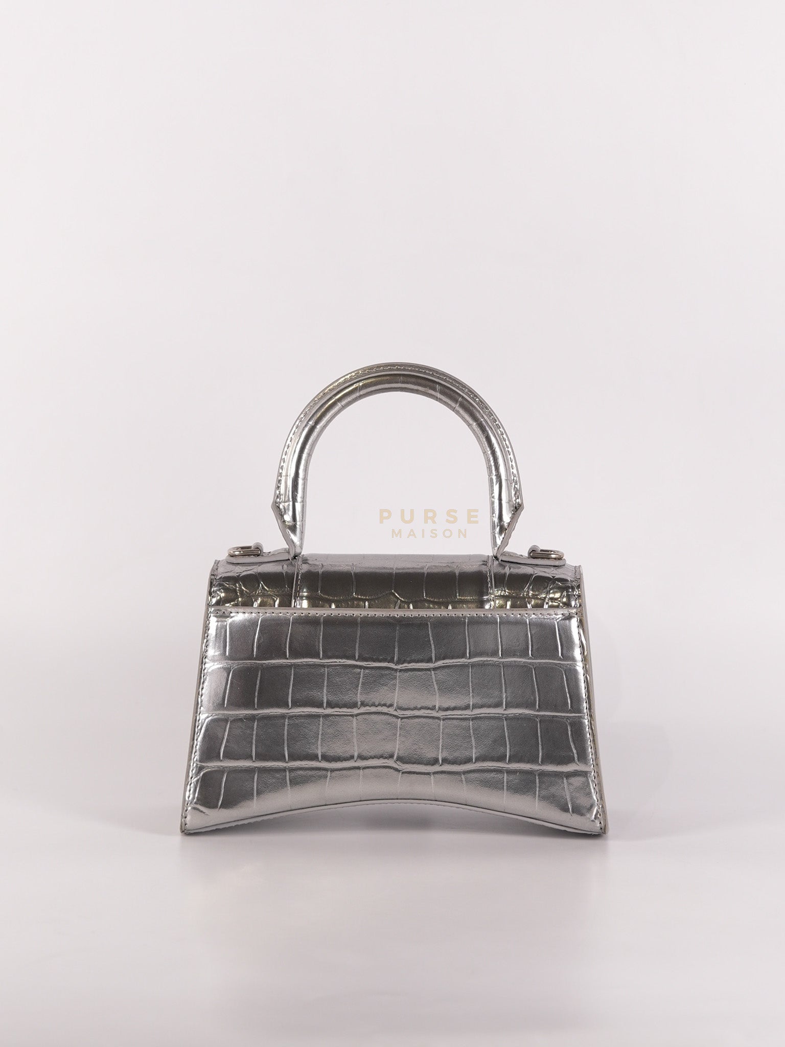 Hourglass Mini in Metallic Silver Crocodile Embossed Leather | Purse Maison Luxury Bags Shop
