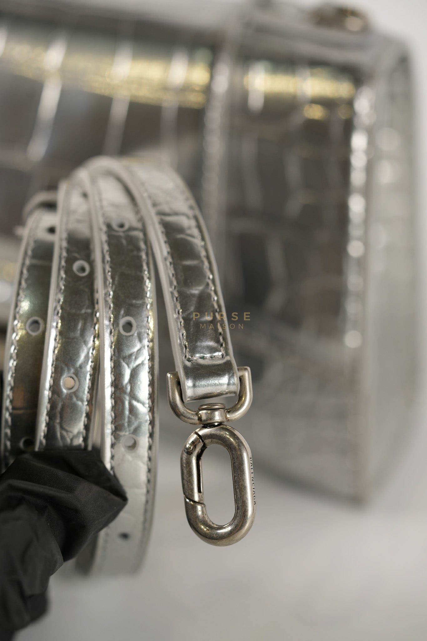 Hourglass Mini in Metallic Silver Crocodile Embossed Leather | Purse Maison Luxury Bags Shop