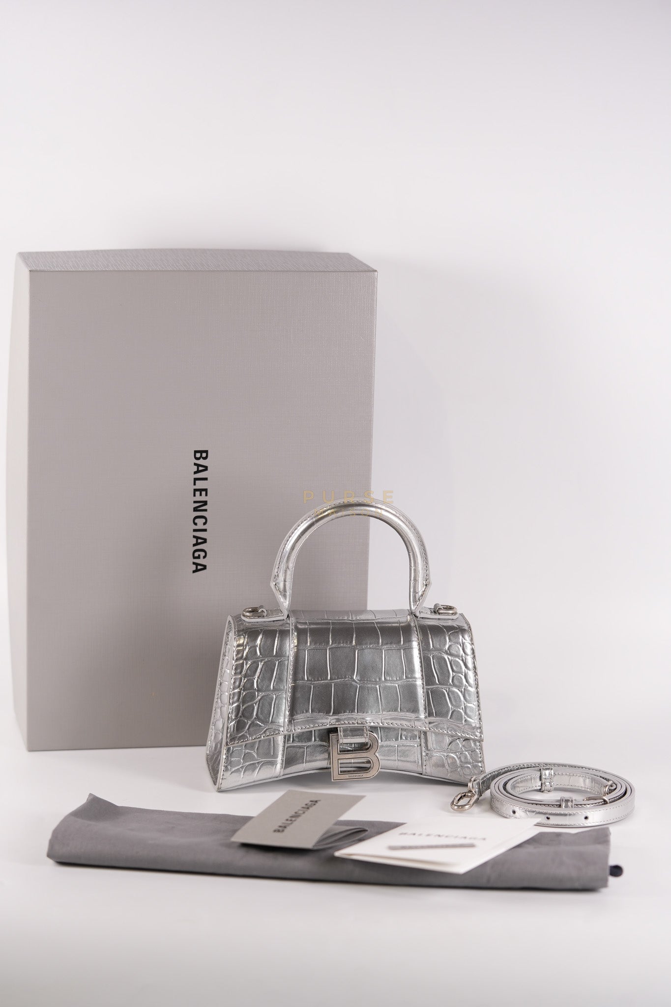 Hourglass Mini in Metallic Silver Crocodile Embossed Leather | Purse Maison Luxury Bags Shop