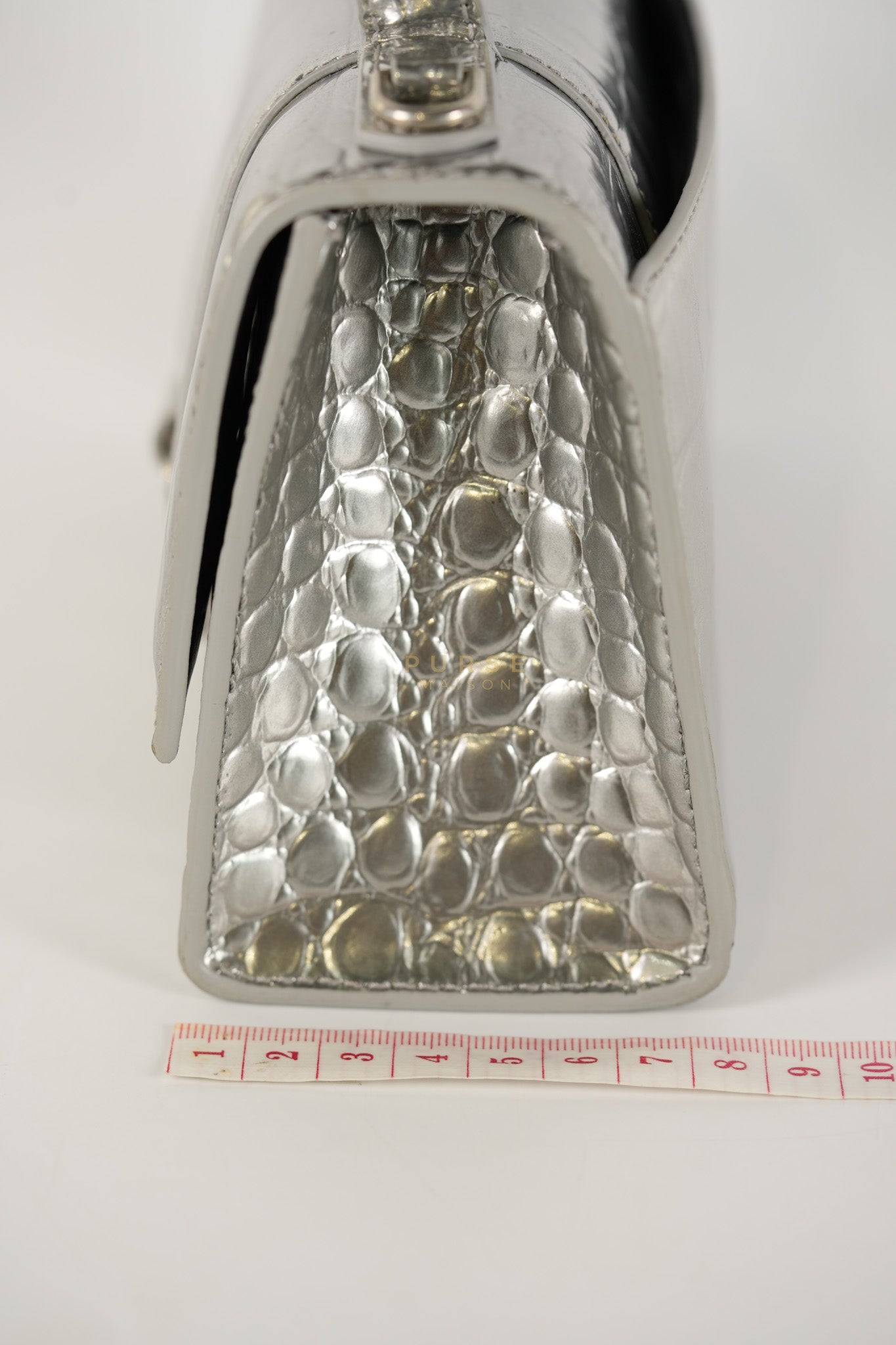 Hourglass Mini in Metallic Silver Crocodile Embossed Leather | Purse Maison Luxury Bags Shop