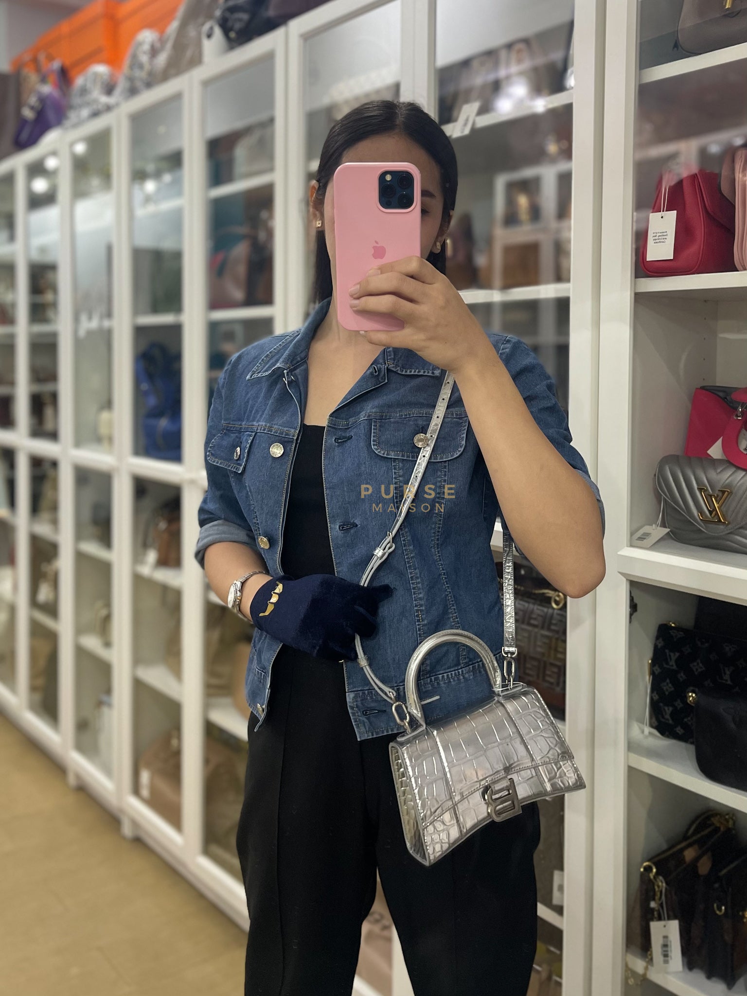 Hourglass Mini in Metallic Silver Crocodile Embossed Leather | Purse Maison Luxury Bags Shop