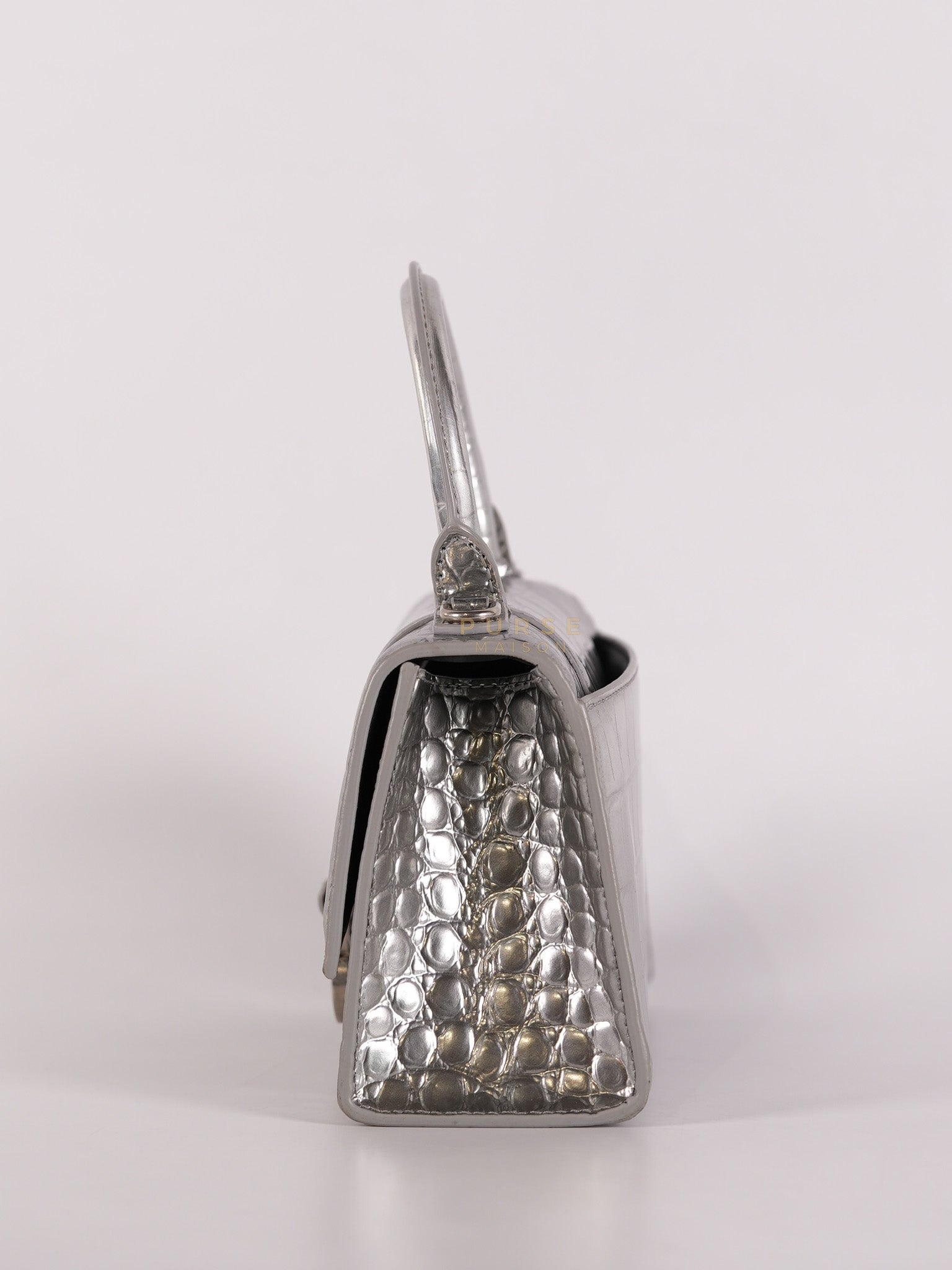 Hourglass Mini in Metallic Silver Crocodile Embossed Leather | Purse Maison Luxury Bags Shop