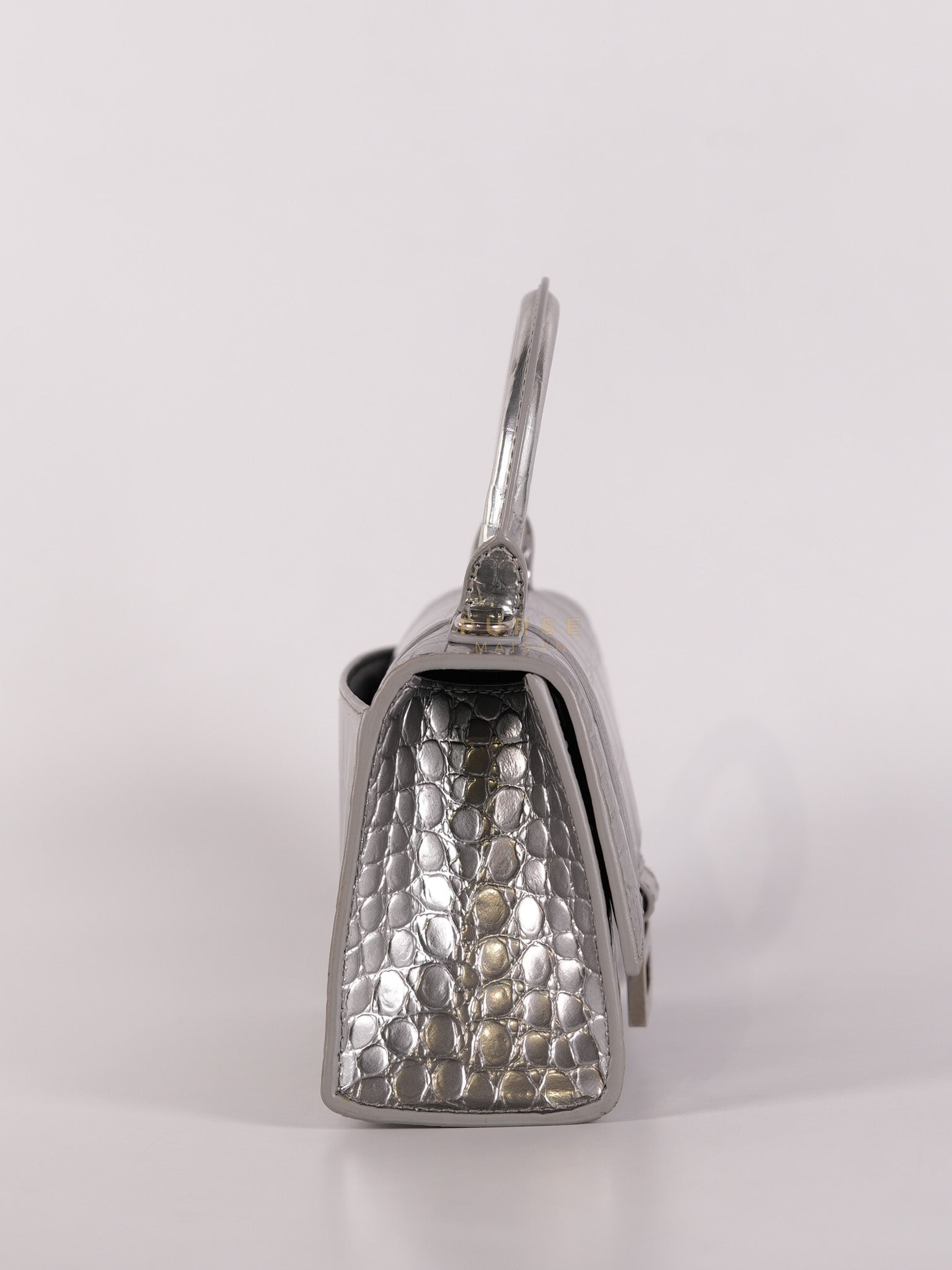 Hourglass Mini in Metallic Silver Crocodile Embossed Leather | Purse Maison Luxury Bags Shop