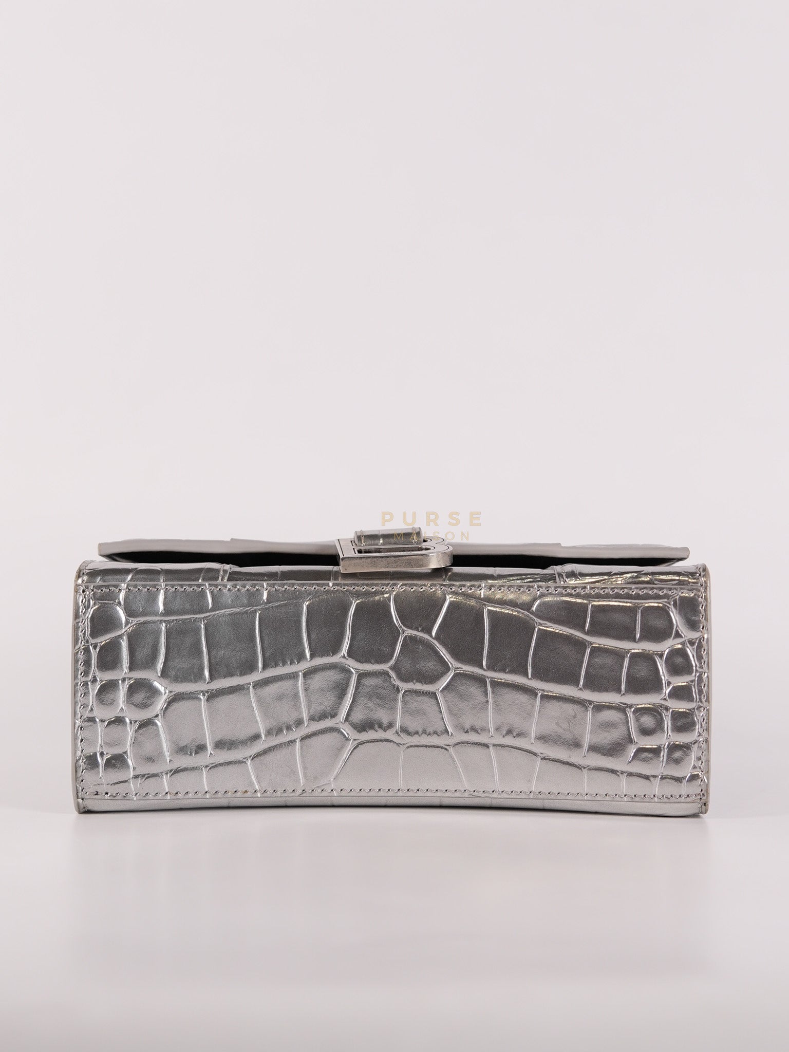 Hourglass Mini in Metallic Silver Crocodile Embossed Leather | Purse Maison Luxury Bags Shop
