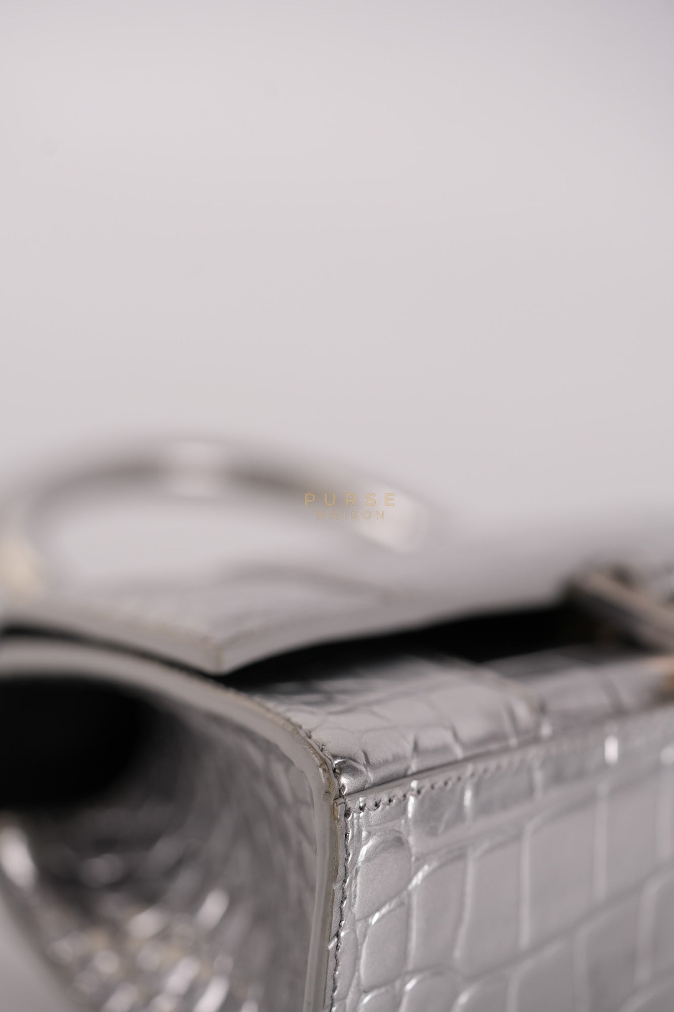 Hourglass Mini in Metallic Silver Crocodile Embossed Leather | Purse Maison Luxury Bags Shop