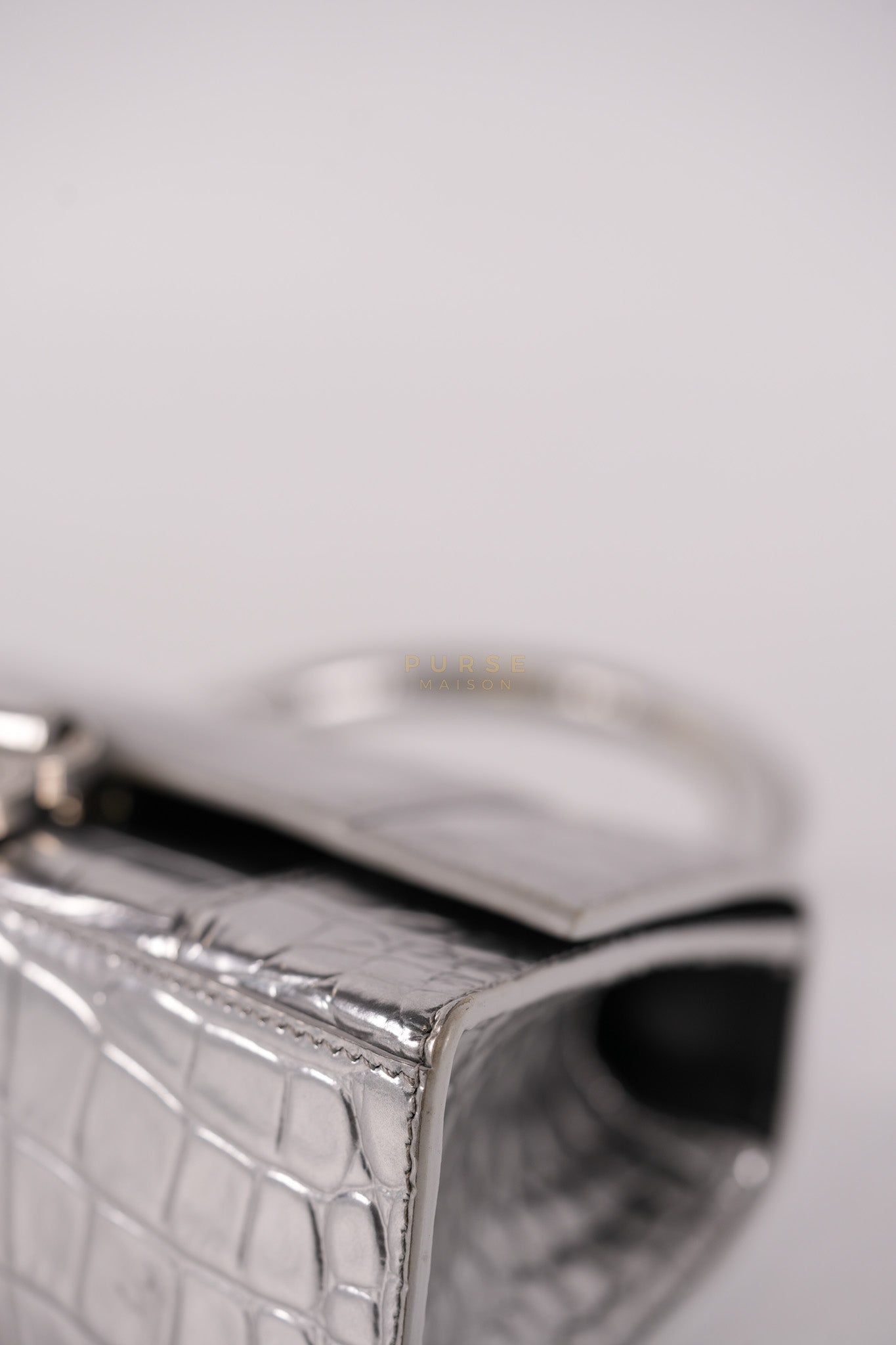 Hourglass Mini in Metallic Silver Crocodile Embossed Leather | Purse Maison Luxury Bags Shop