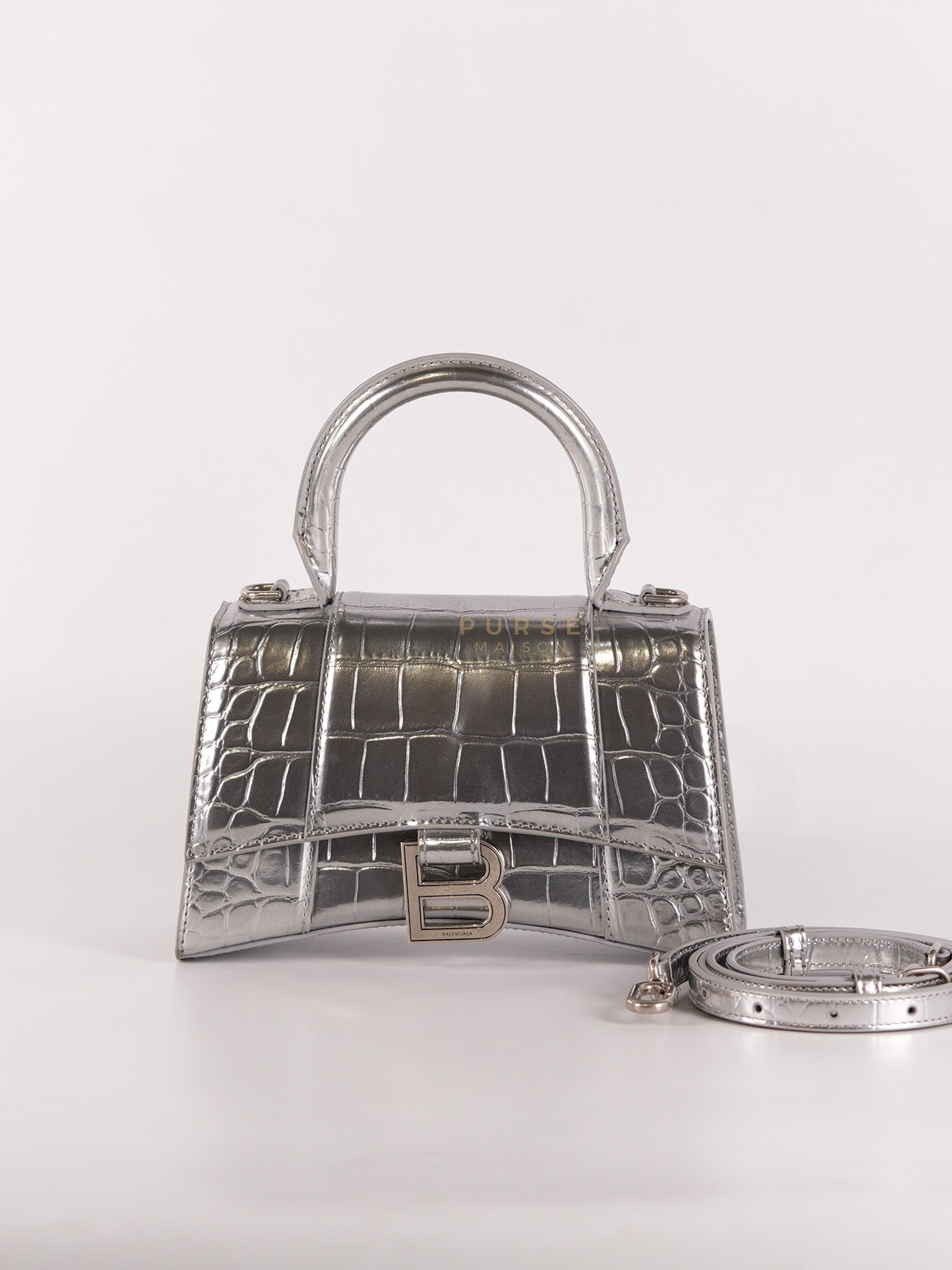 Hourglass Mini in Metallic Silver Crocodile Embossed Leather | Purse Maison Luxury Bags Shop