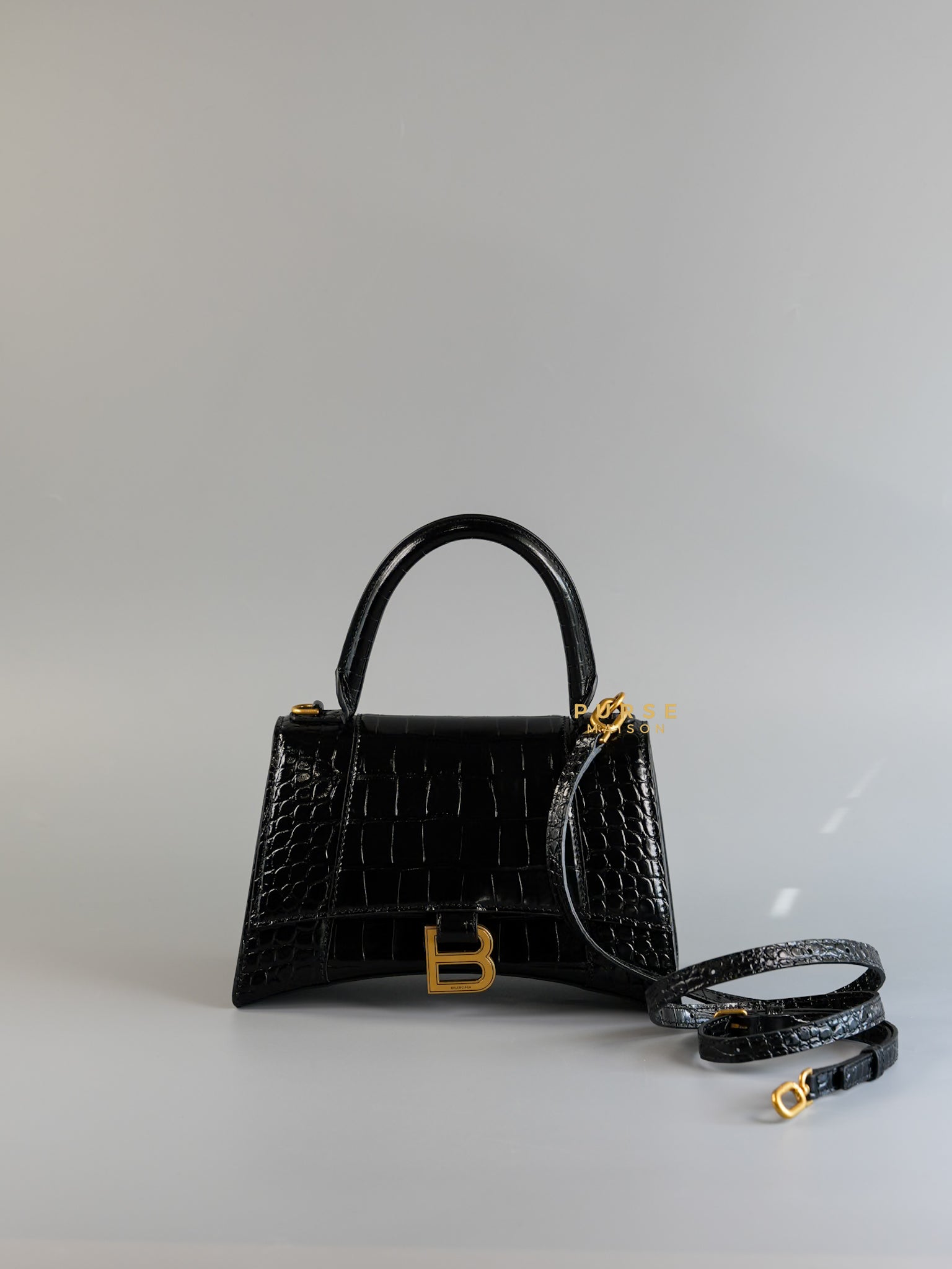 Hourglass in Black Croc Embossed Leather & Gold Hardware | Purse Maison Luxury Bags Shop