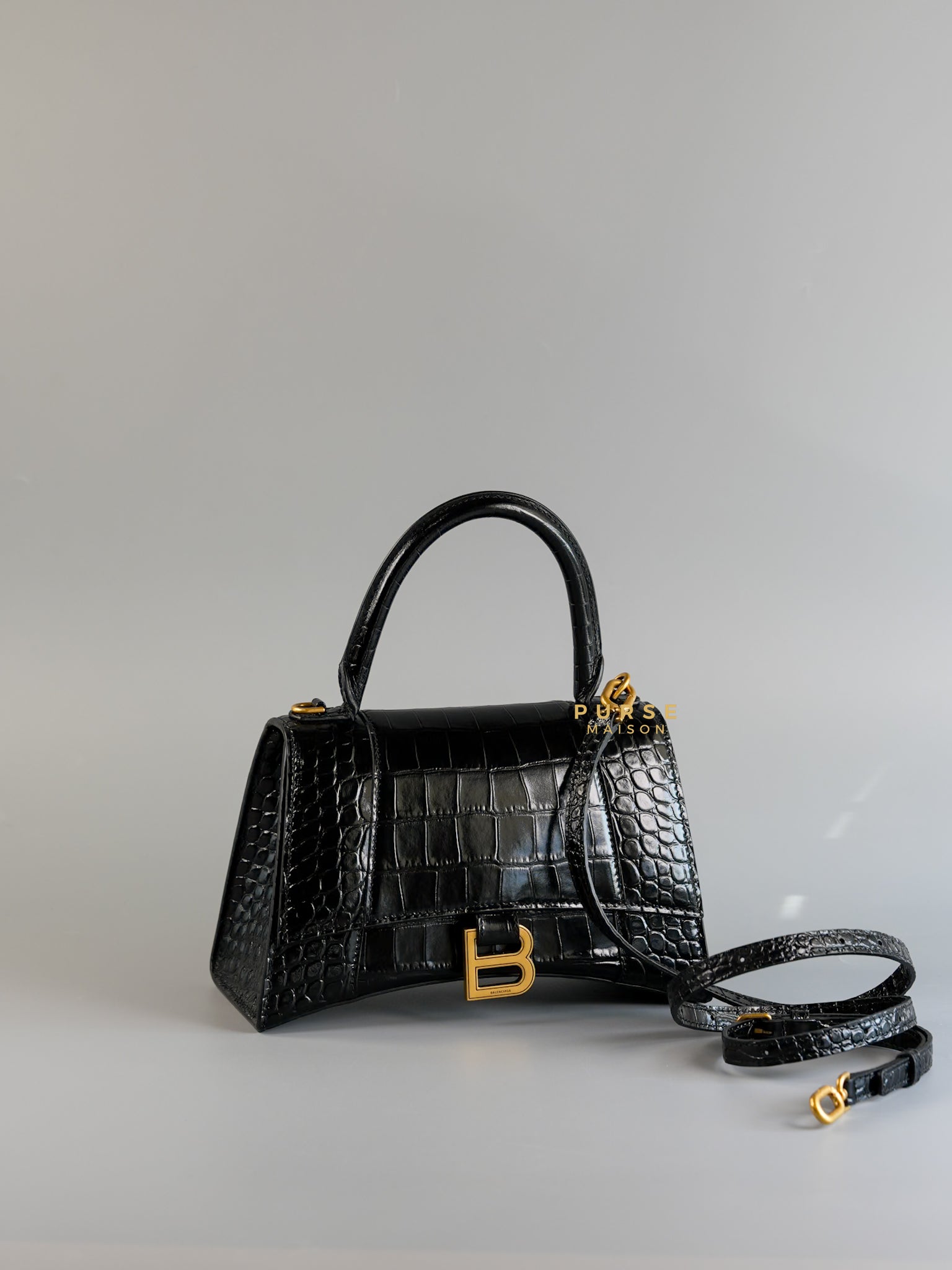 Hourglass in Black Croc Embossed Leather & Gold Hardware | Purse Maison Luxury Bags Shop