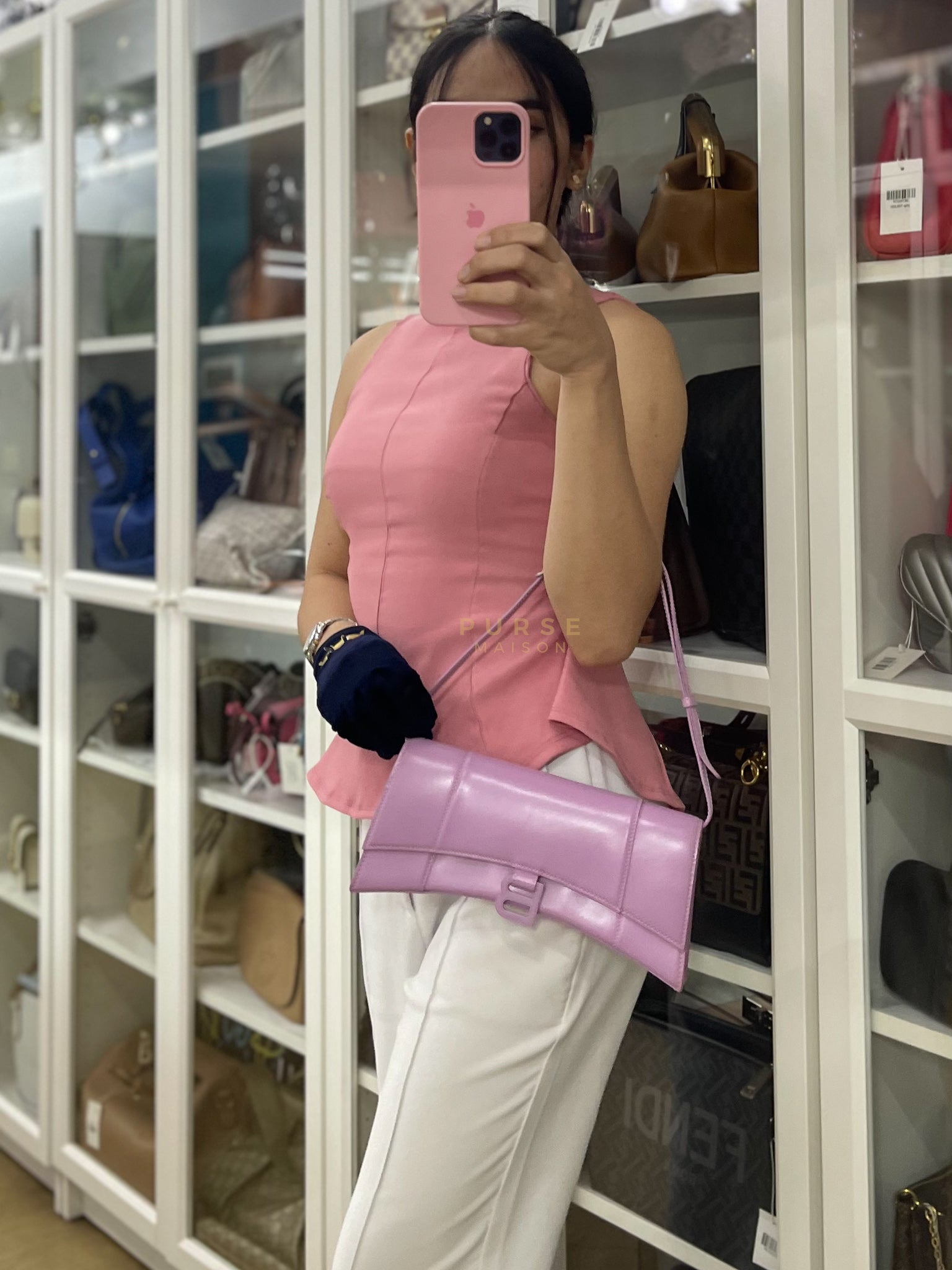 Hourglass Stretch in Light Purplish Pink in Smooth Calfskin Leather Shoulder Bag | Purse Maison Luxury Bags Shop