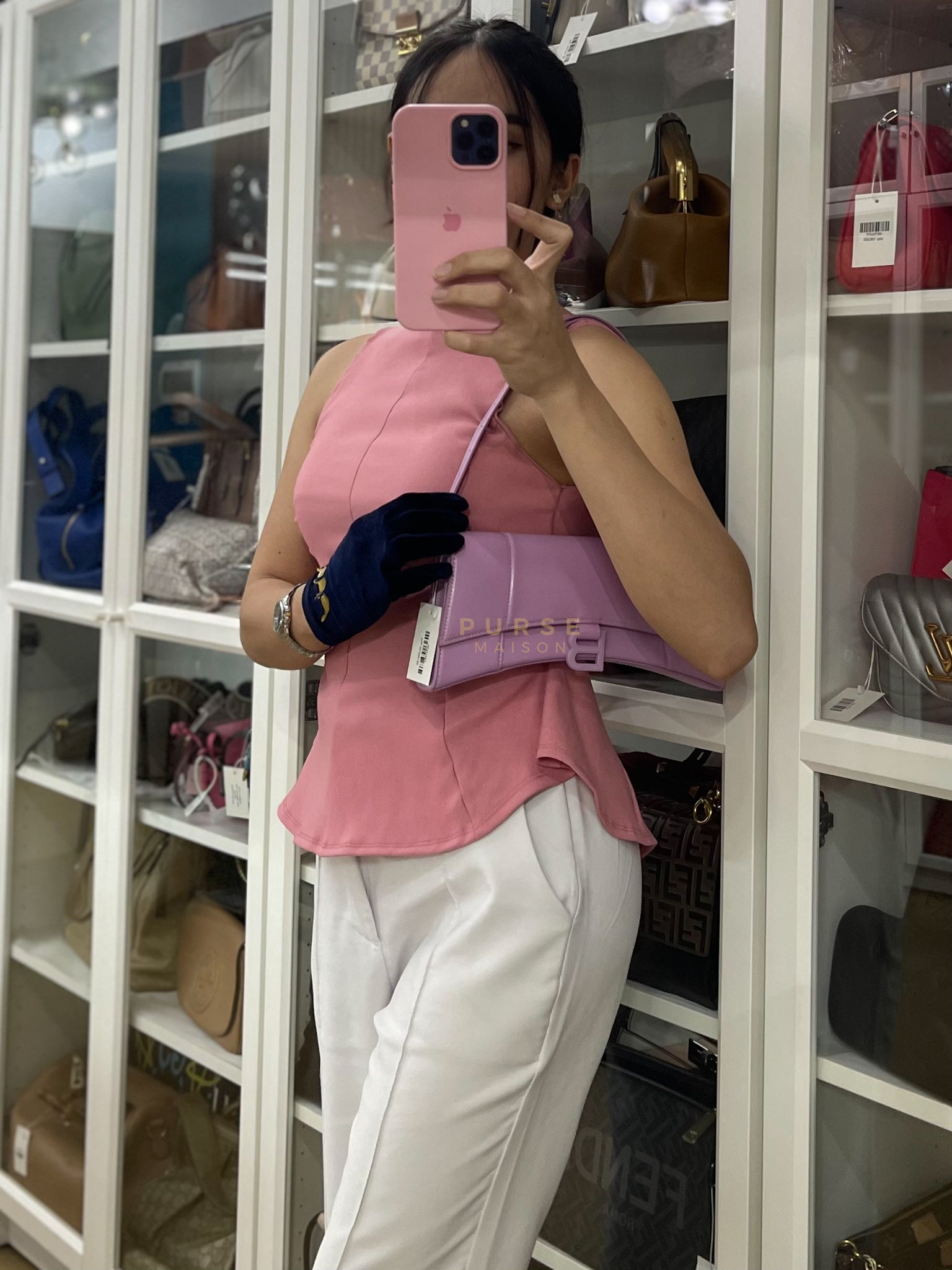 Hourglass Stretch in Light Purplish Pink in Smooth Calfskin Leather Shoulder Bag | Purse Maison Luxury Bags Shop