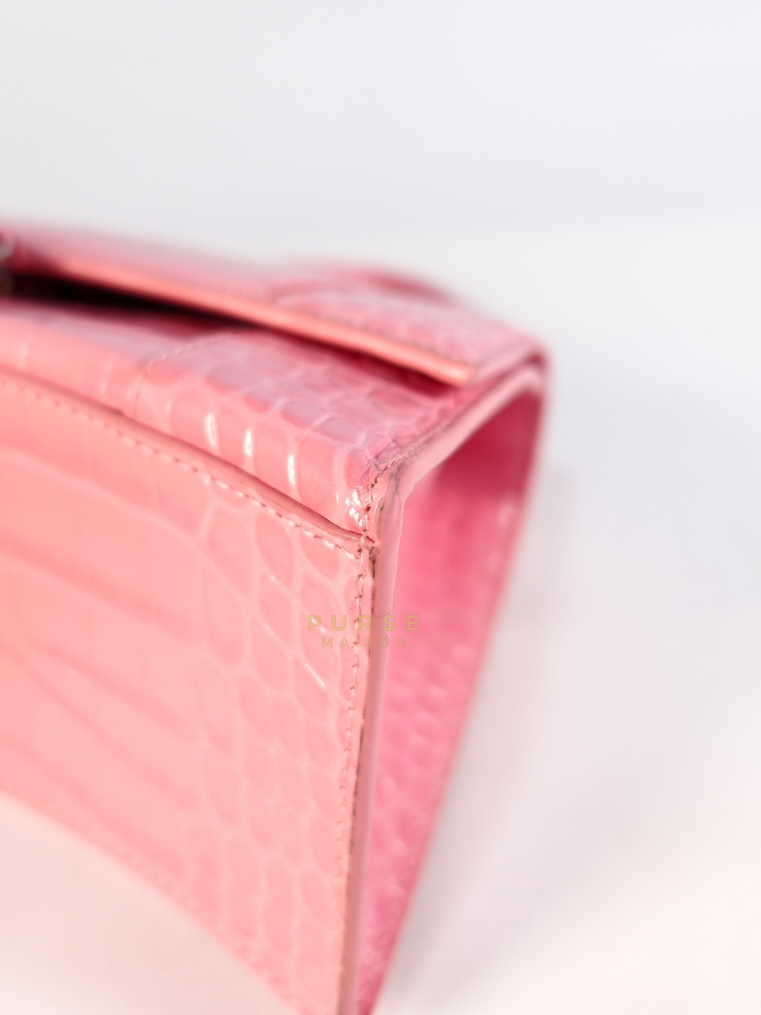 Hourglass Top Handle Bag Small in Pink Crododile Embosed Leather & Silver Hardware | Purse Maison Luxury Bags Shop