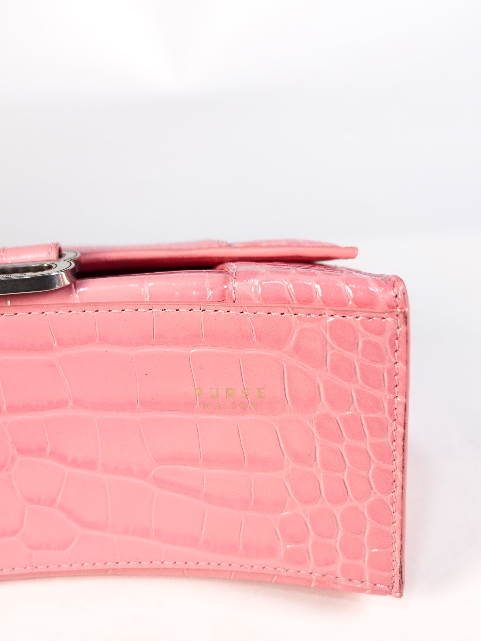 Hourglass Top Handle Bag Small in Pink Crododile Embosed Leather & Silver Hardware | Purse Maison Luxury Bags Shop