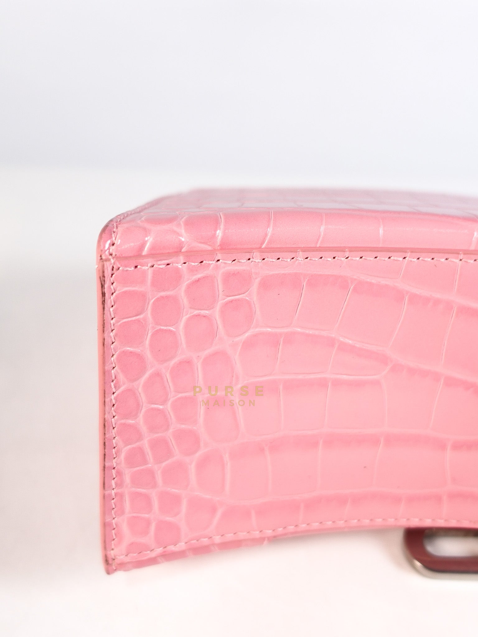 Hourglass Top Handle Bag Small in Pink Crododile Embosed Leather & Silver Hardware | Purse Maison Luxury Bags Shop