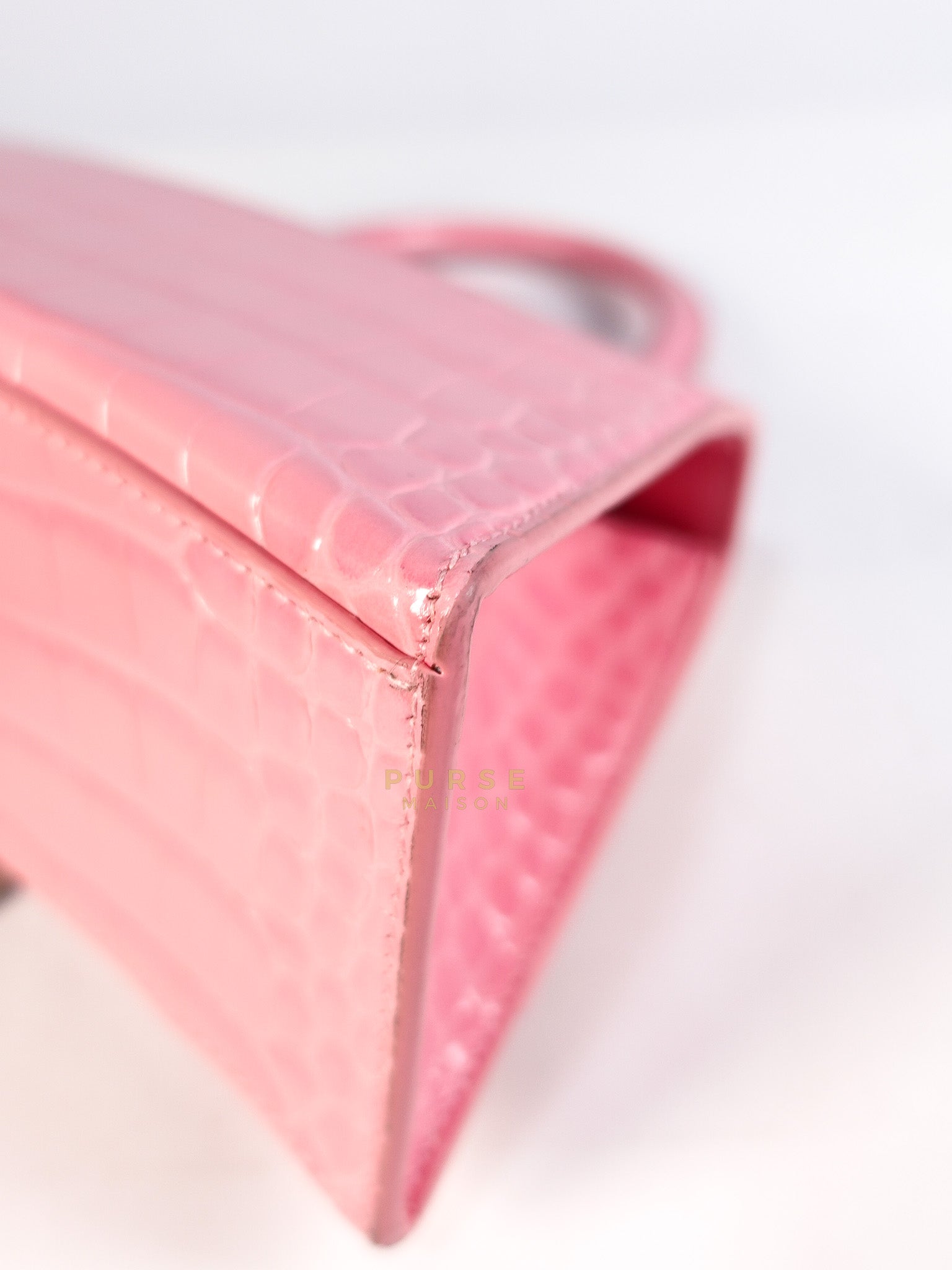 Hourglass Top Handle Bag Small in Pink Crododile Embosed Leather & Silver Hardware | Purse Maison Luxury Bags Shop