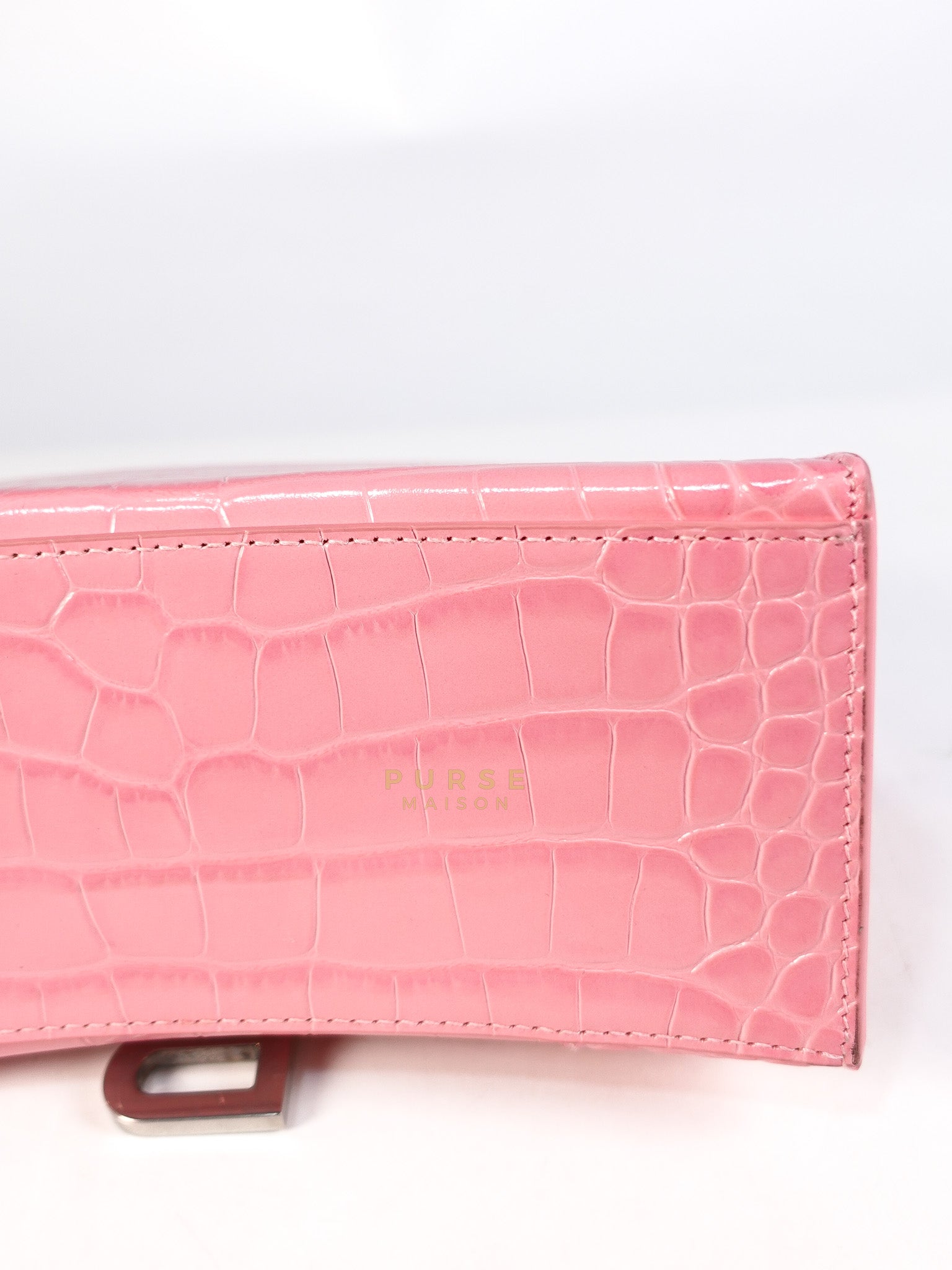 Hourglass Top Handle Bag Small in Pink Crododile Embosed Leather & Silver Hardware | Purse Maison Luxury Bags Shop