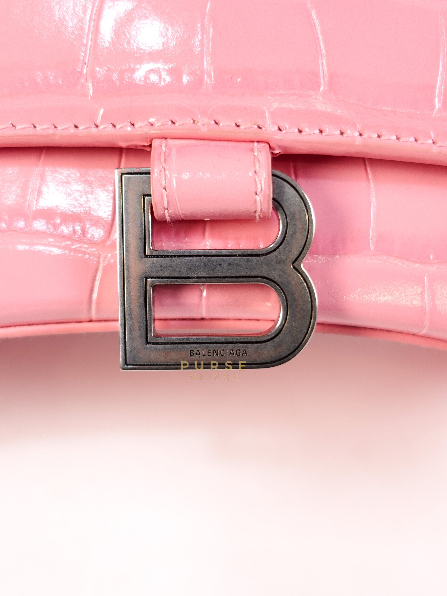 Hourglass Top Handle Bag Small in Pink Crododile Embosed Leather & Silver Hardware | Purse Maison Luxury Bags Shop