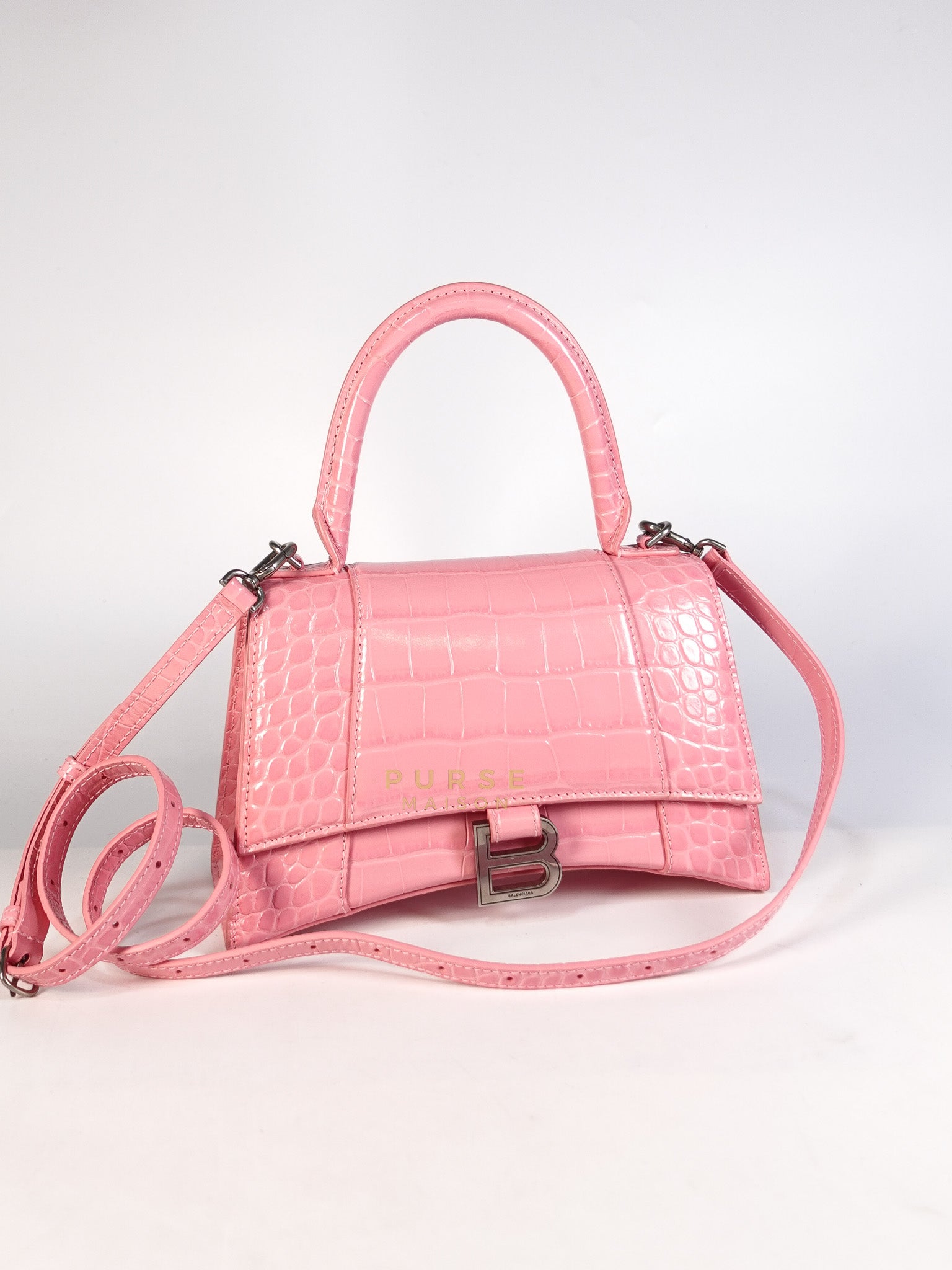 Hourglass Top Handle Bag Small in Pink Crododile Embosed Leather & Silver Hardware | Purse Maison Luxury Bags Shop