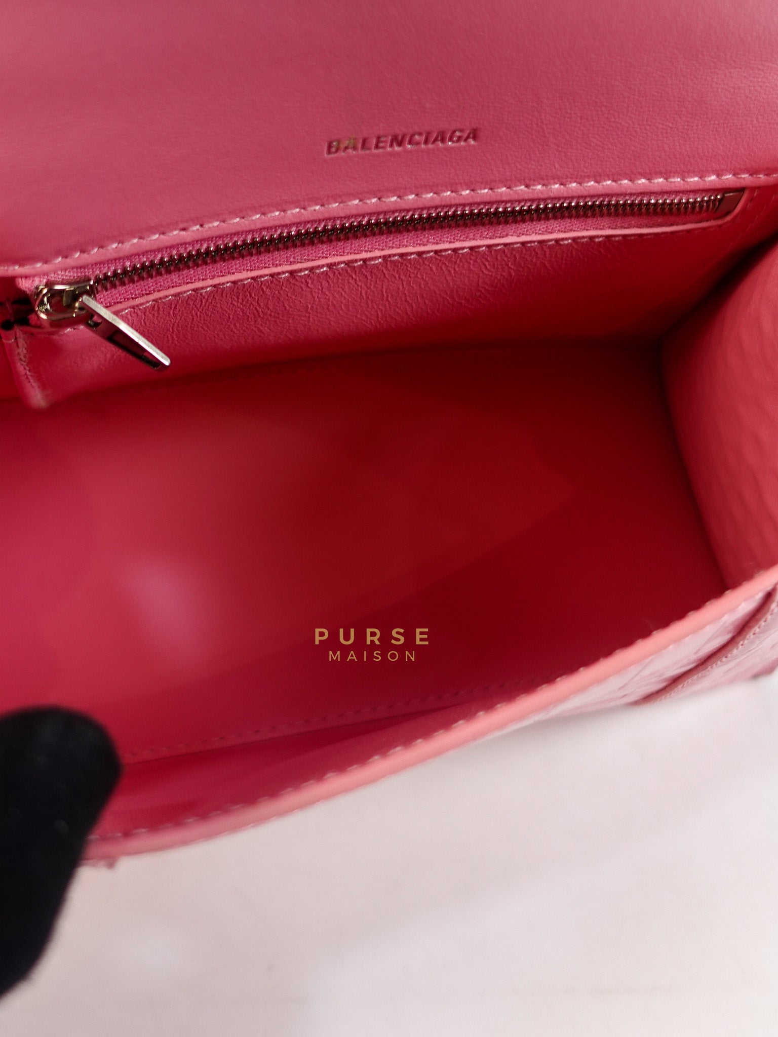 Hourglass Top Handle Bag Small in Pink Crododile Embosed Leather & Silver Hardware | Purse Maison Luxury Bags Shop