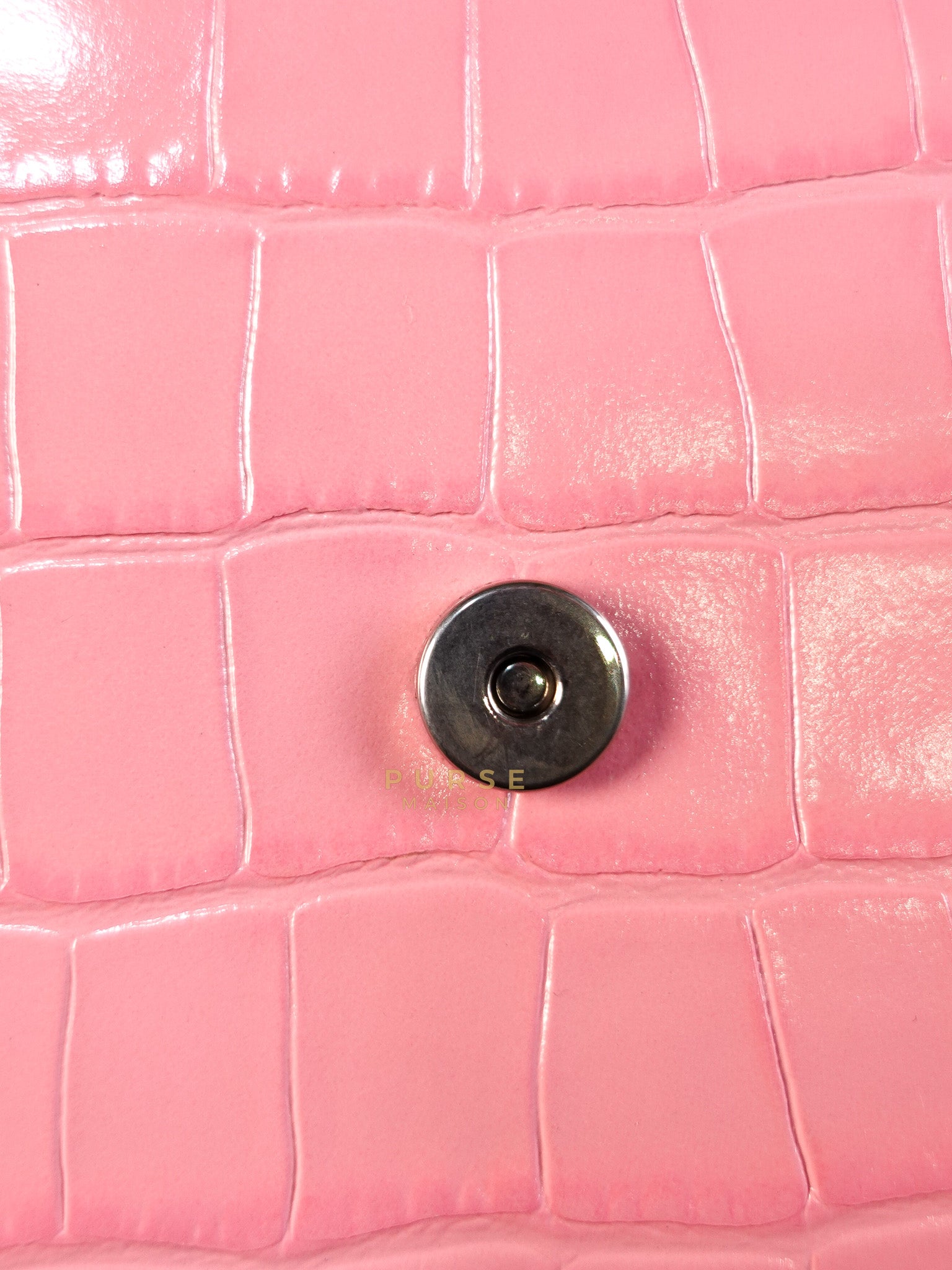 Hourglass Top Handle Bag Small in Pink Crododile Embosed Leather & Silver Hardware | Purse Maison Luxury Bags Shop