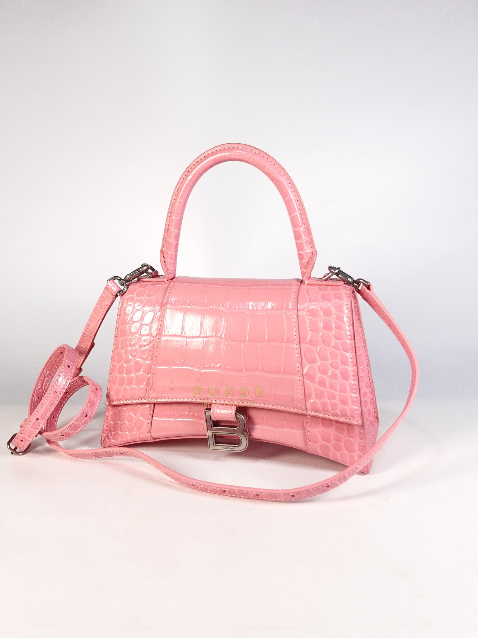 Hourglass Top Handle Bag Small in Pink Crododile Embosed Leather & Silver Hardware | Purse Maison Luxury Bags Shop