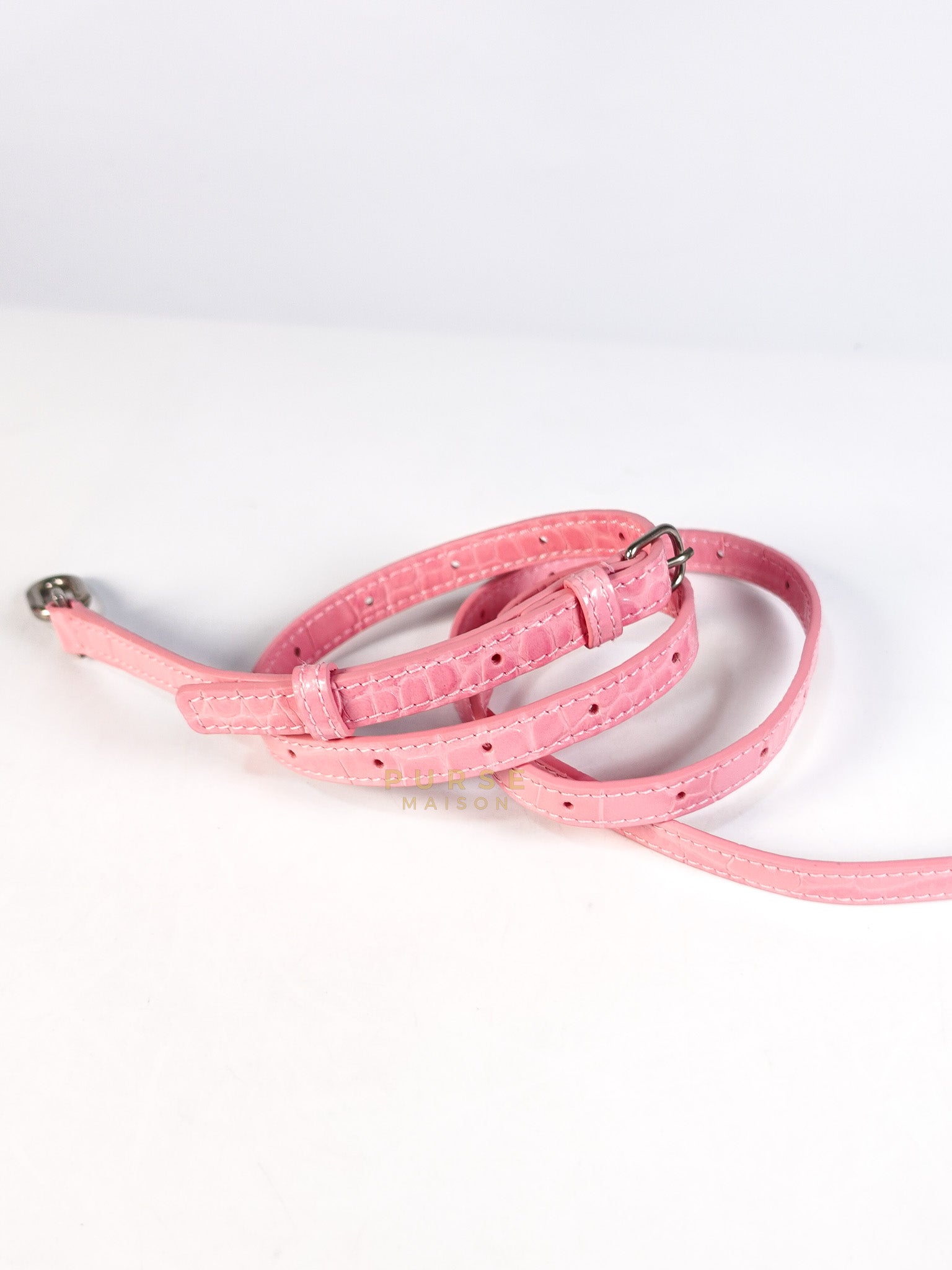 Hourglass Top Handle Bag Small in Pink Crododile Embosed Leather & Silver Hardware | Purse Maison Luxury Bags Shop
