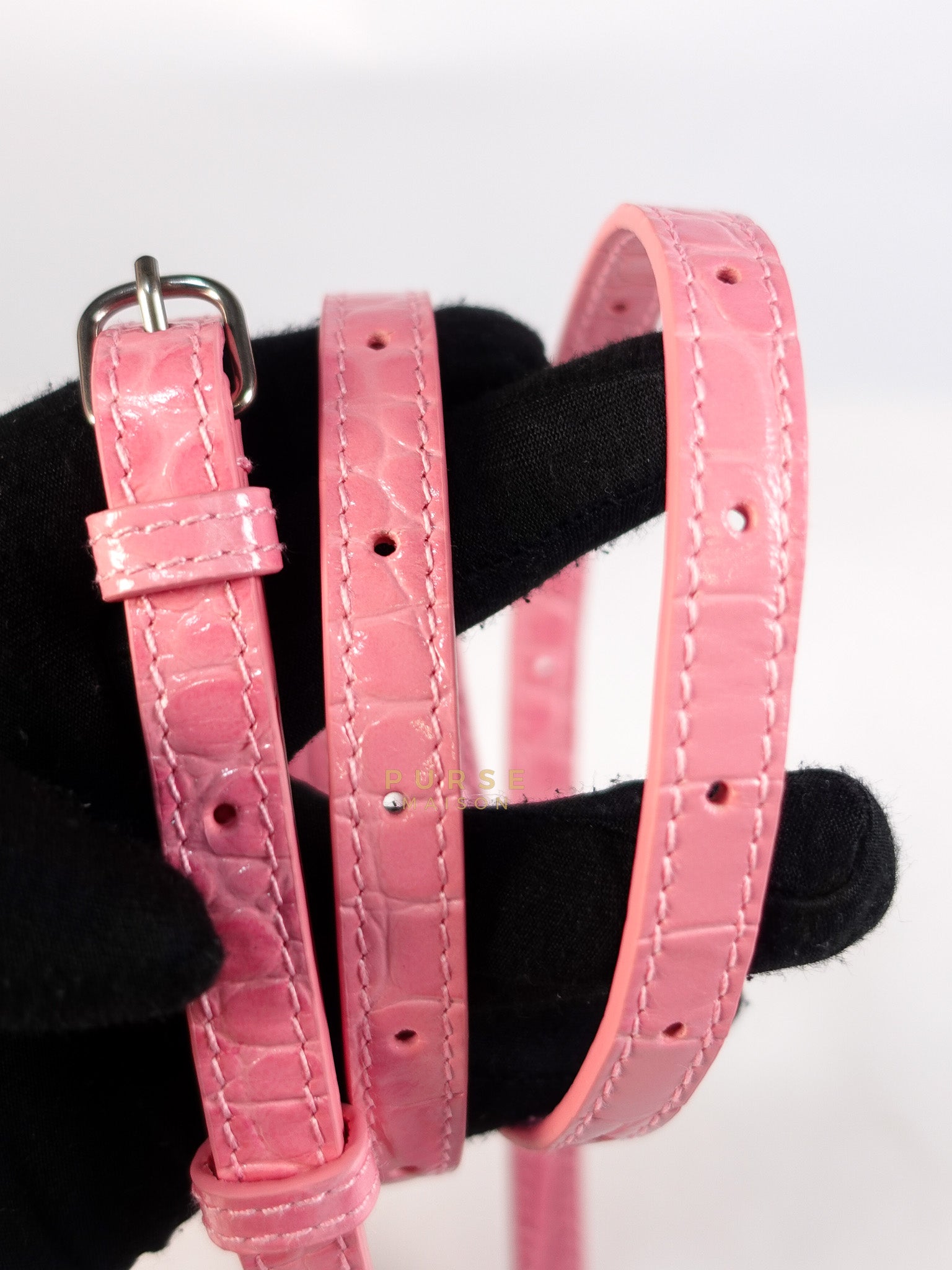 Hourglass Top Handle Bag Small in Pink Crododile Embosed Leather & Silver Hardware | Purse Maison Luxury Bags Shop