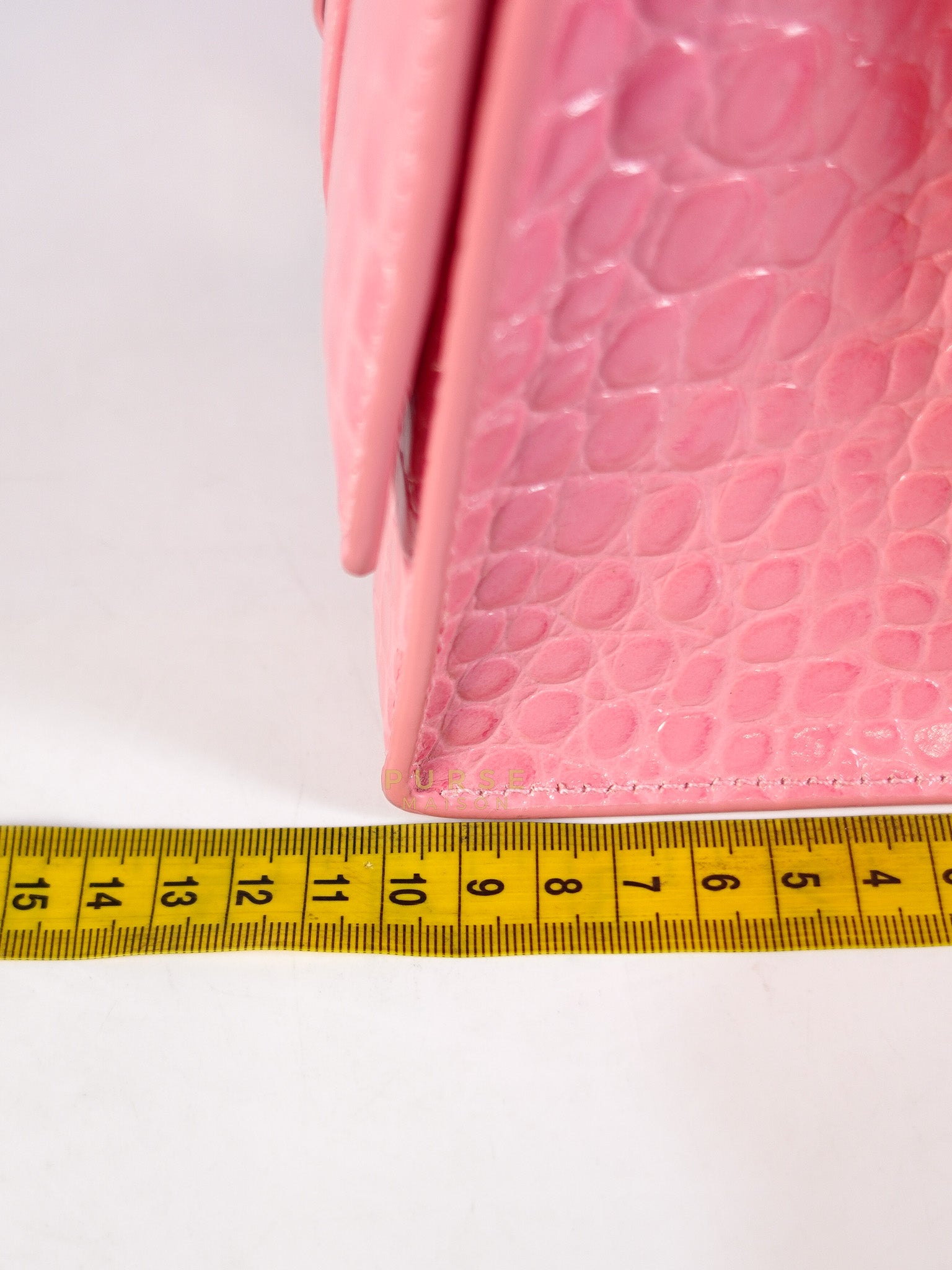 Hourglass Top Handle Bag Small in Pink Crododile Embosed Leather & Silver Hardware | Purse Maison Luxury Bags Shop