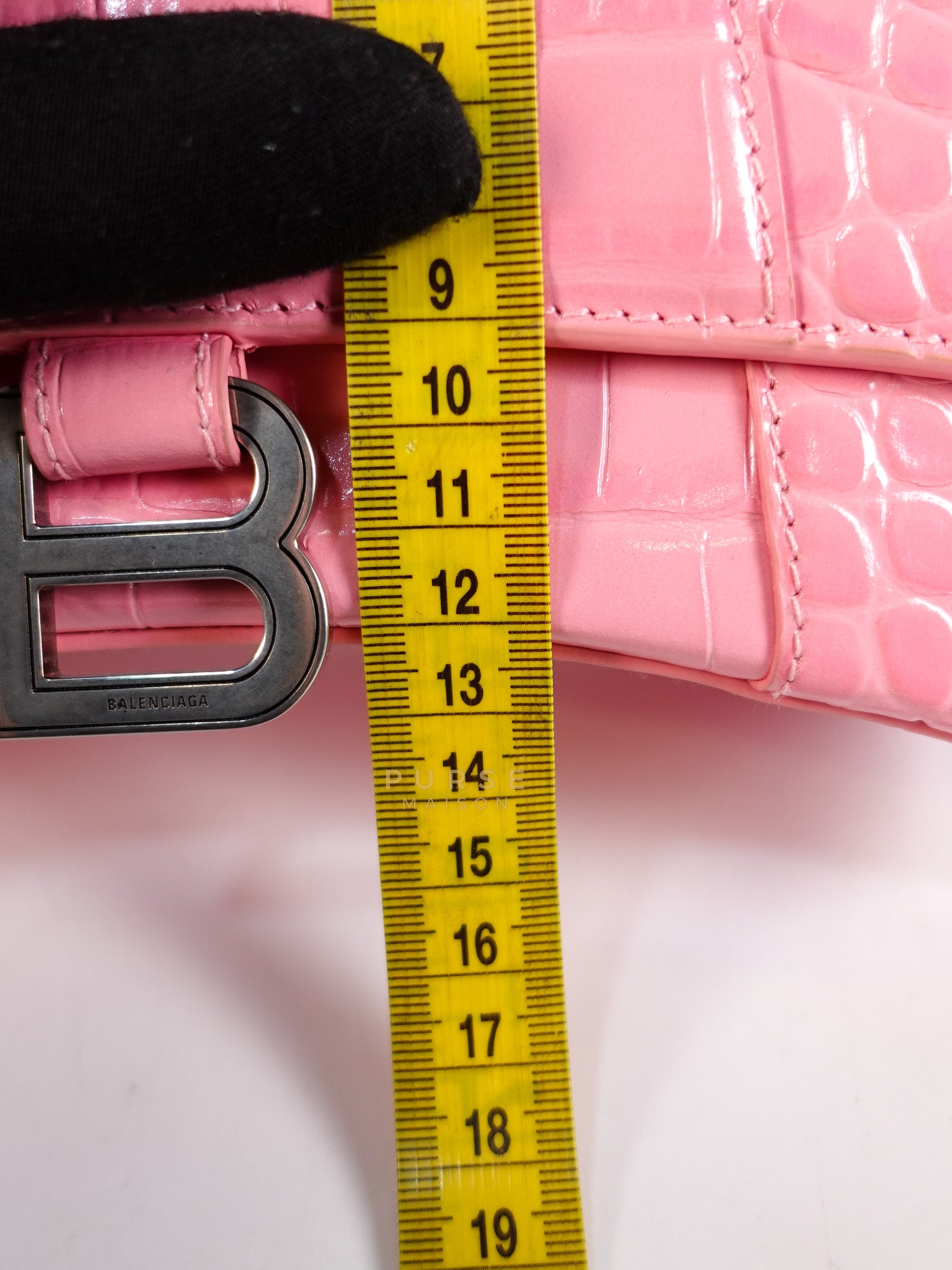 Hourglass Top Handle Bag Small in Pink Crododile Embosed Leather & Silver Hardware | Purse Maison Luxury Bags Shop