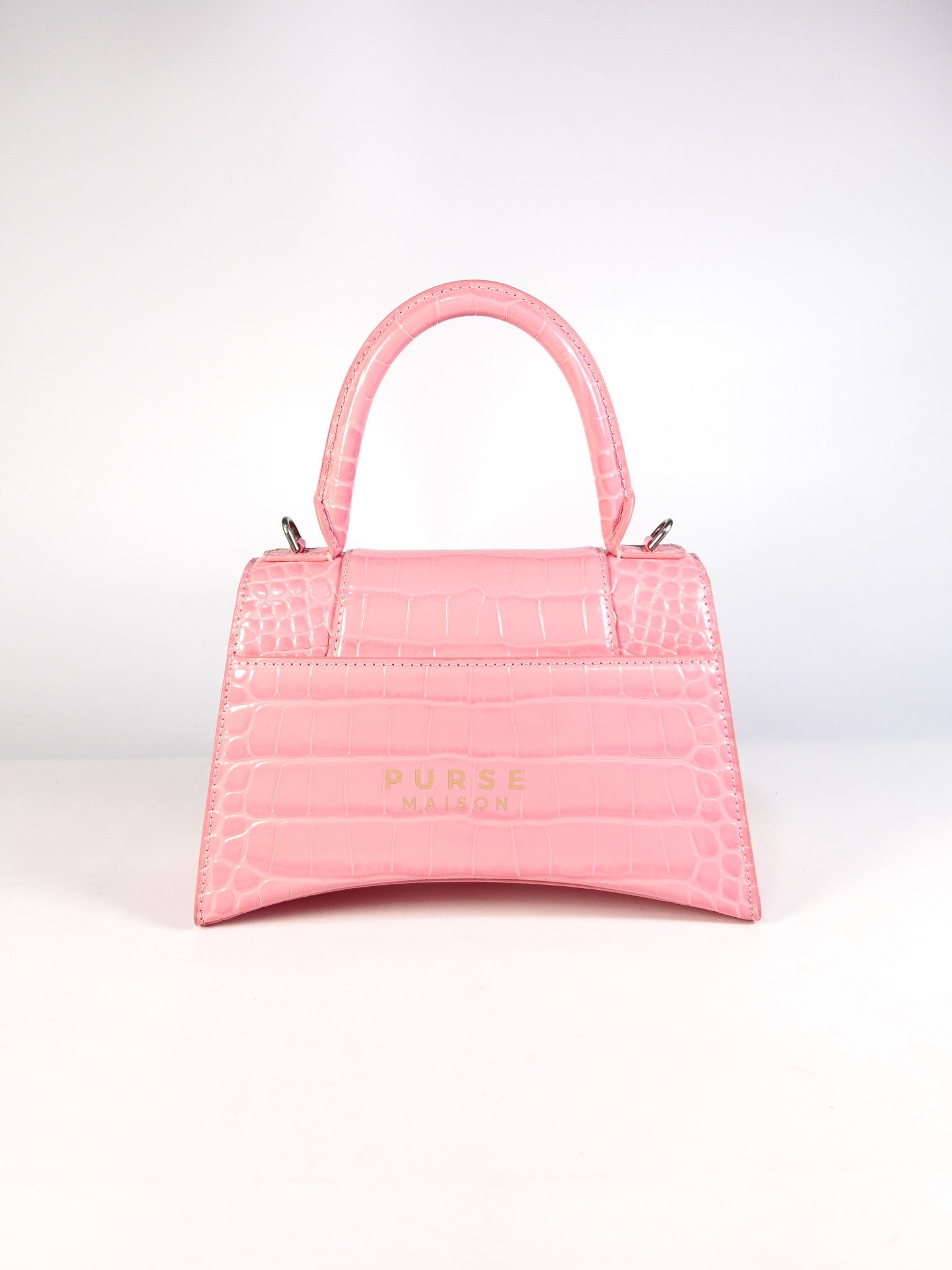 Hourglass Top Handle Bag Small in Pink Crododile Embosed Leather & Silver Hardware | Purse Maison Luxury Bags Shop