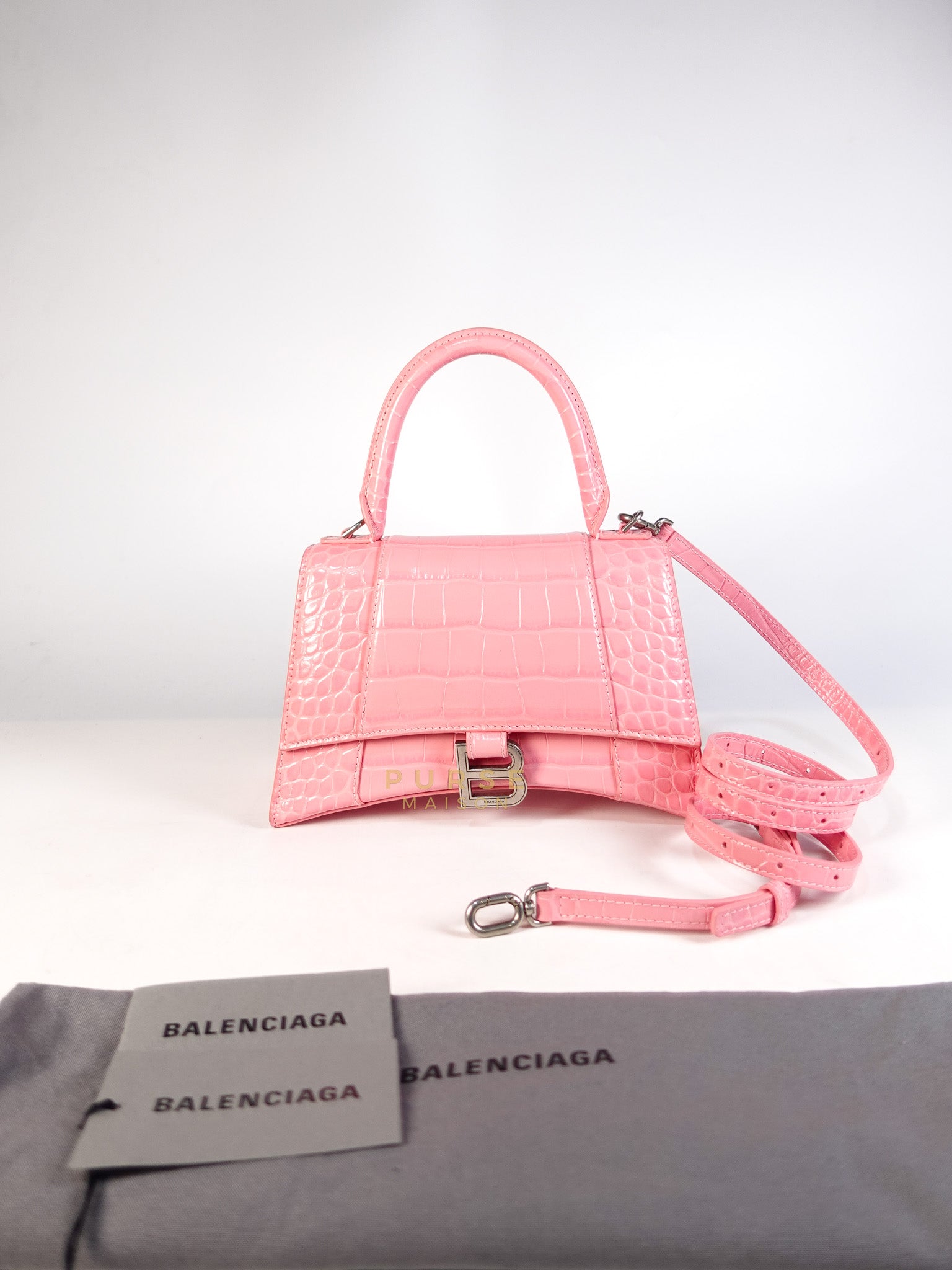 Hourglass Top Handle Bag Small in Pink Crododile Embosed Leather & Silver Hardware | Purse Maison Luxury Bags Shop