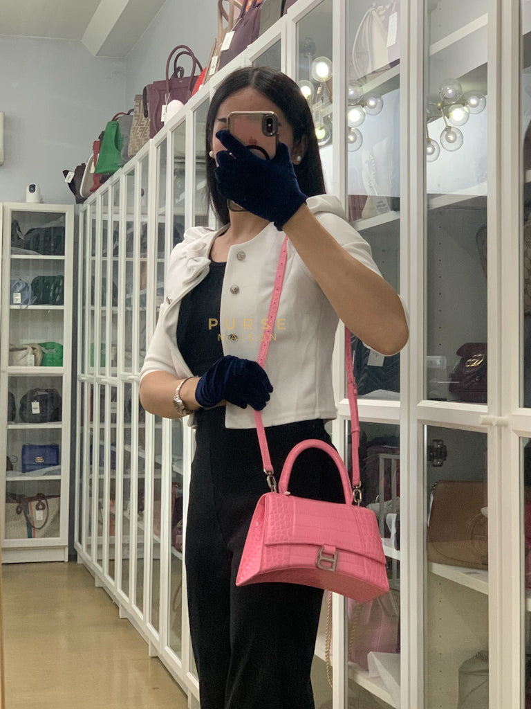 Hourglass Top Handle Bag Small in Pink Crododile Embosed Leather & Silver Hardware | Purse Maison Luxury Bags Shop