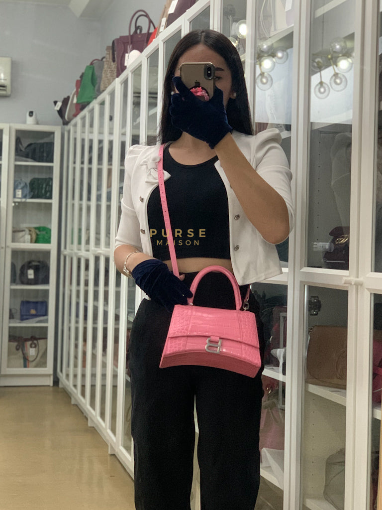 Hourglass Top Handle Bag Small in Pink Crododile Embosed Leather & Silver Hardware | Purse Maison Luxury Bags Shop