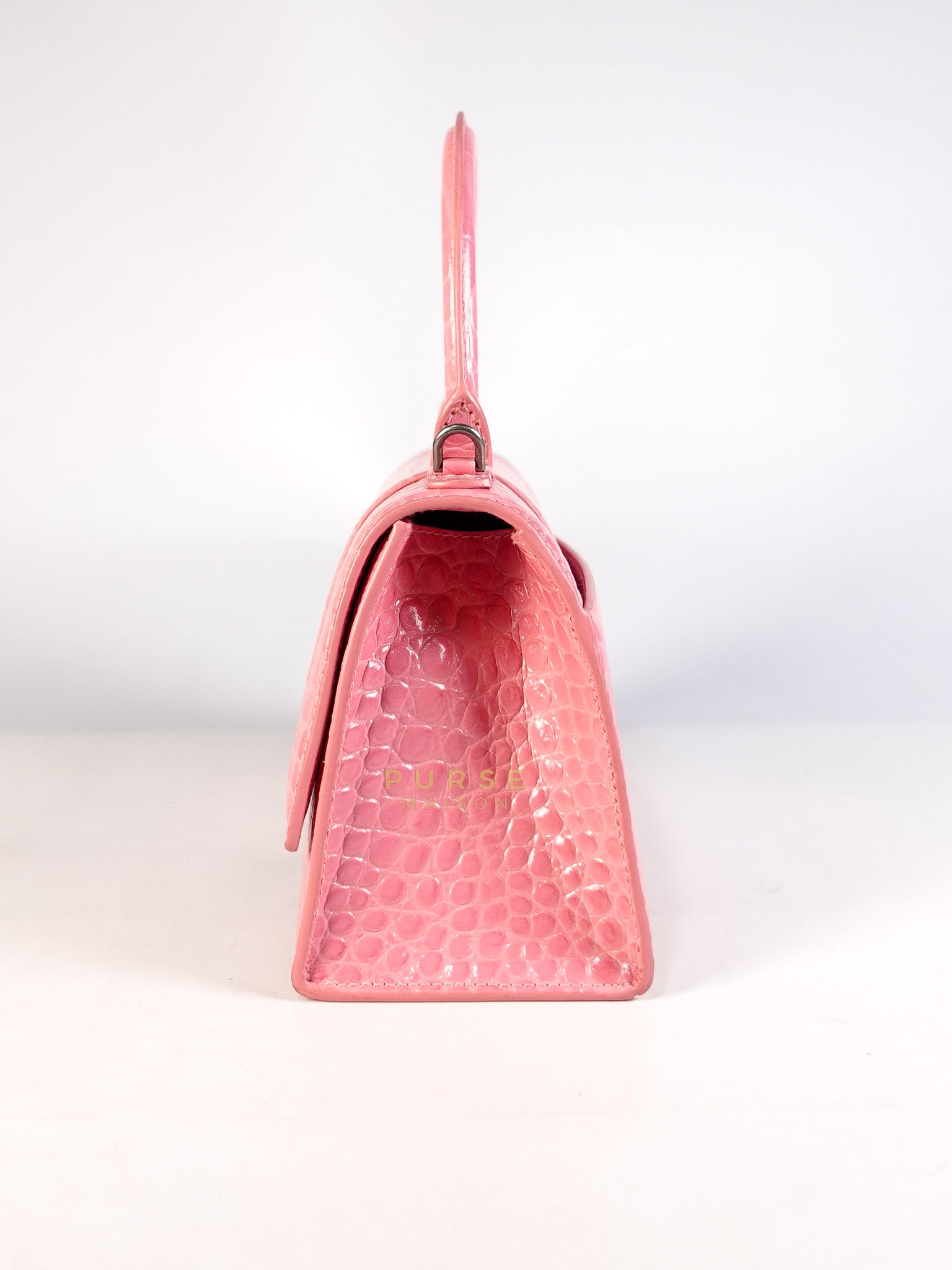 Hourglass Top Handle Bag Small in Pink Crododile Embosed Leather & Silver Hardware | Purse Maison Luxury Bags Shop