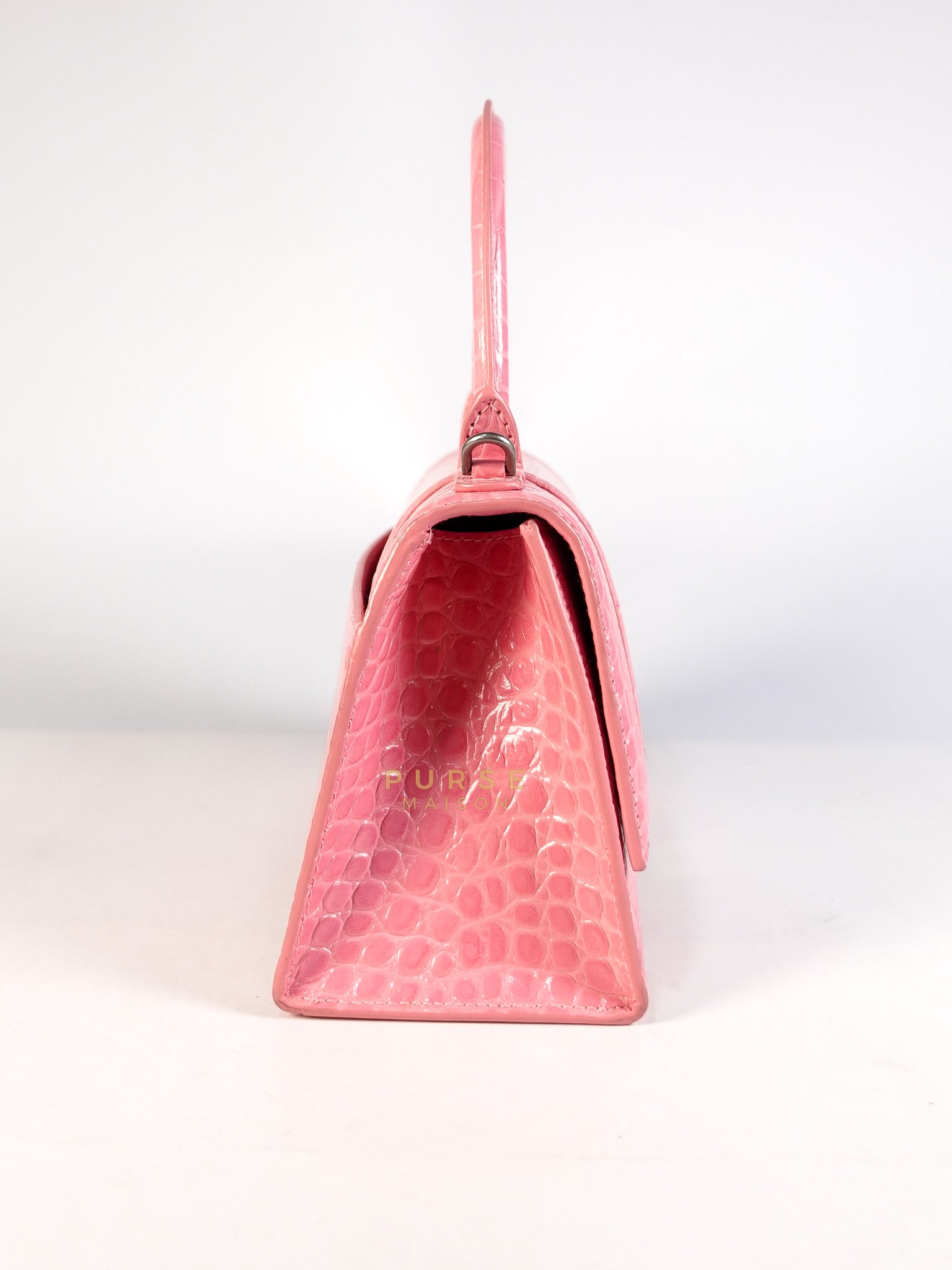 Hourglass Top Handle Bag Small in Pink Crododile Embosed Leather & Silver Hardware | Purse Maison Luxury Bags Shop