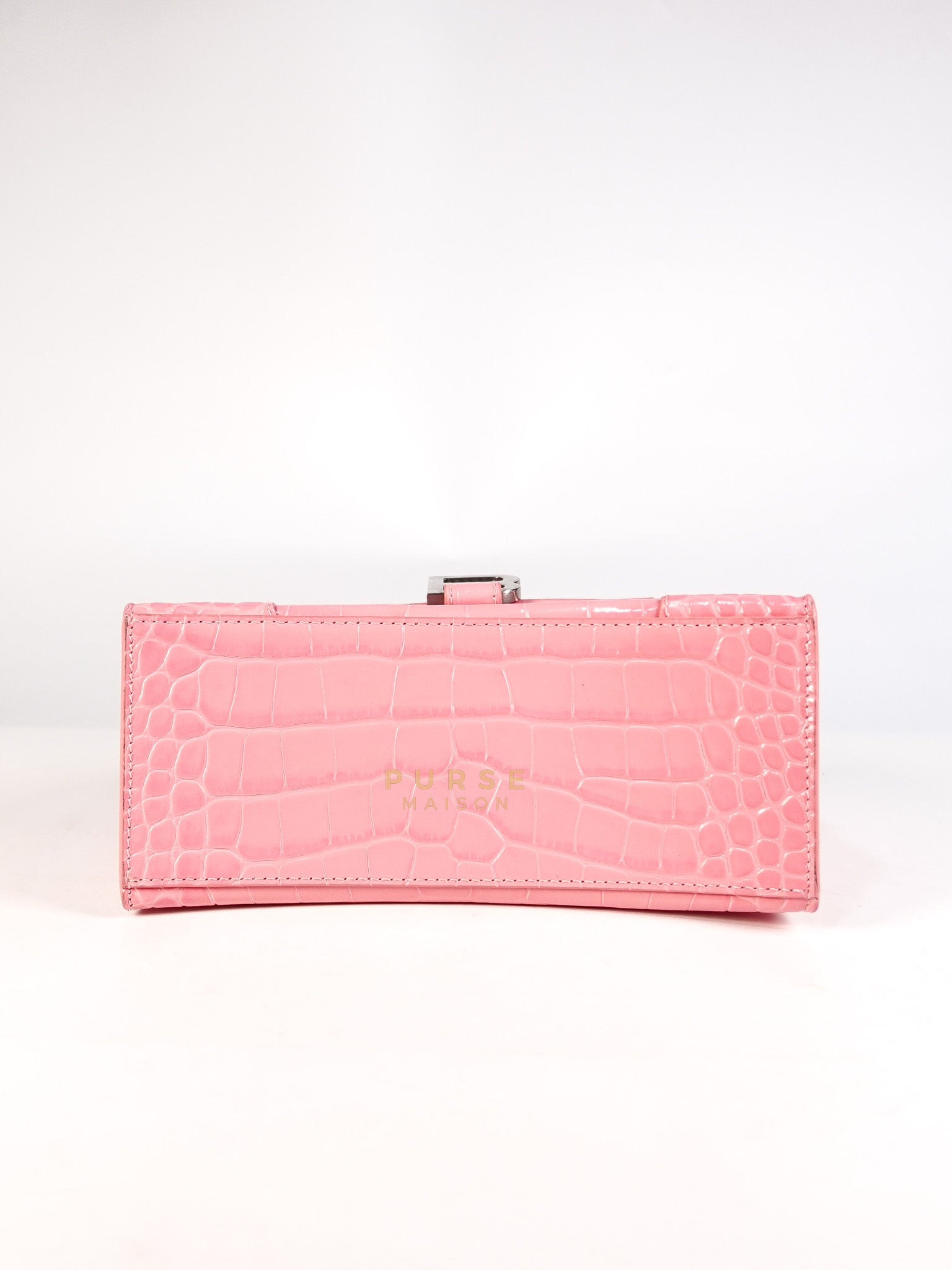 Hourglass Top Handle Bag Small in Pink Crododile Embosed Leather & Silver Hardware | Purse Maison Luxury Bags Shop