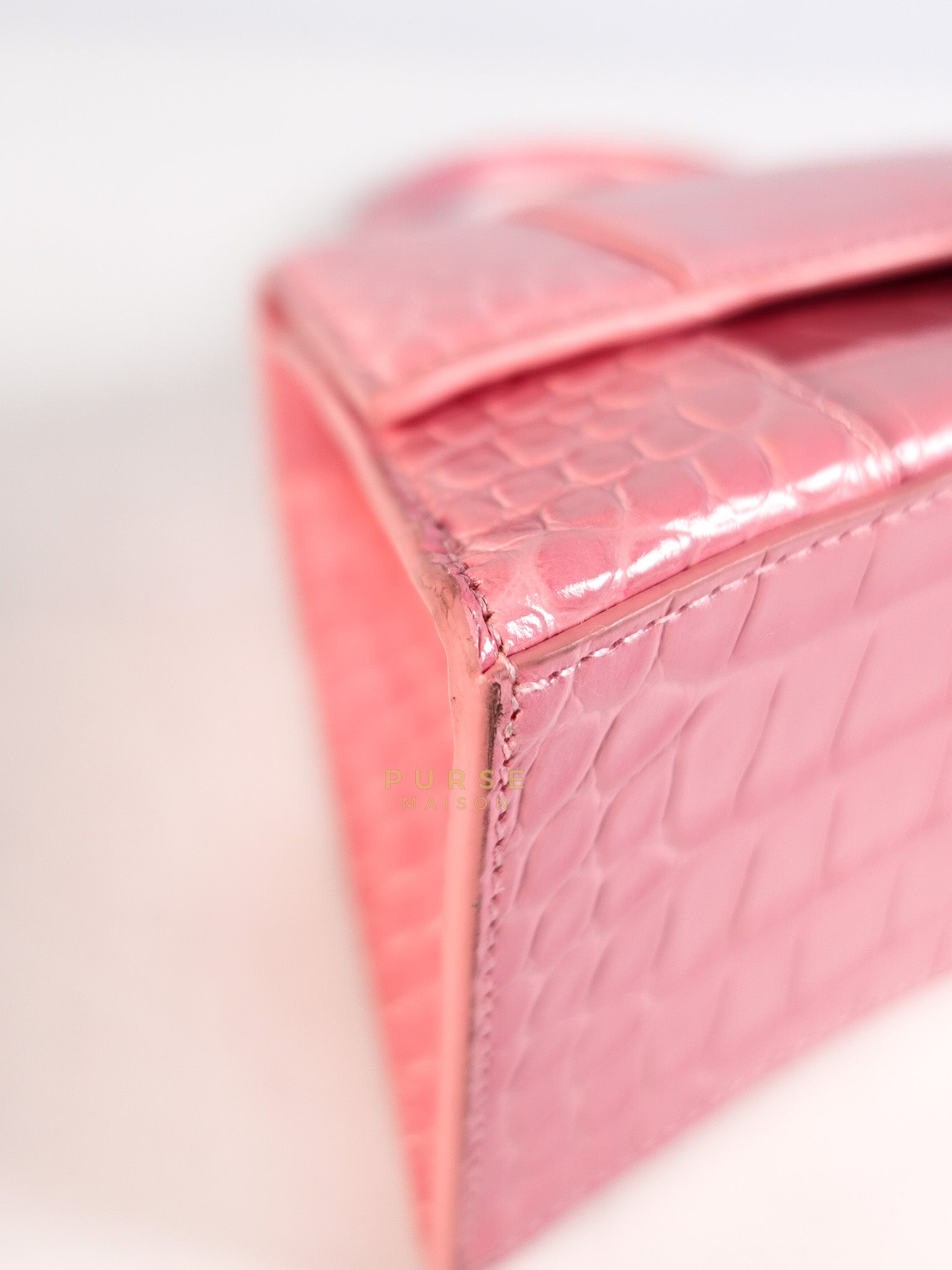 Hourglass Top Handle Bag Small in Pink Crododile Embosed Leather & Silver Hardware | Purse Maison Luxury Bags Shop