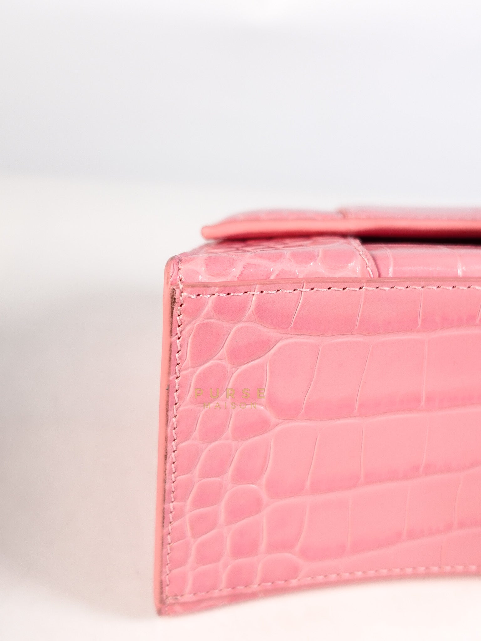 Hourglass Top Handle Bag Small in Pink Crododile Embosed Leather & Silver Hardware | Purse Maison Luxury Bags Shop