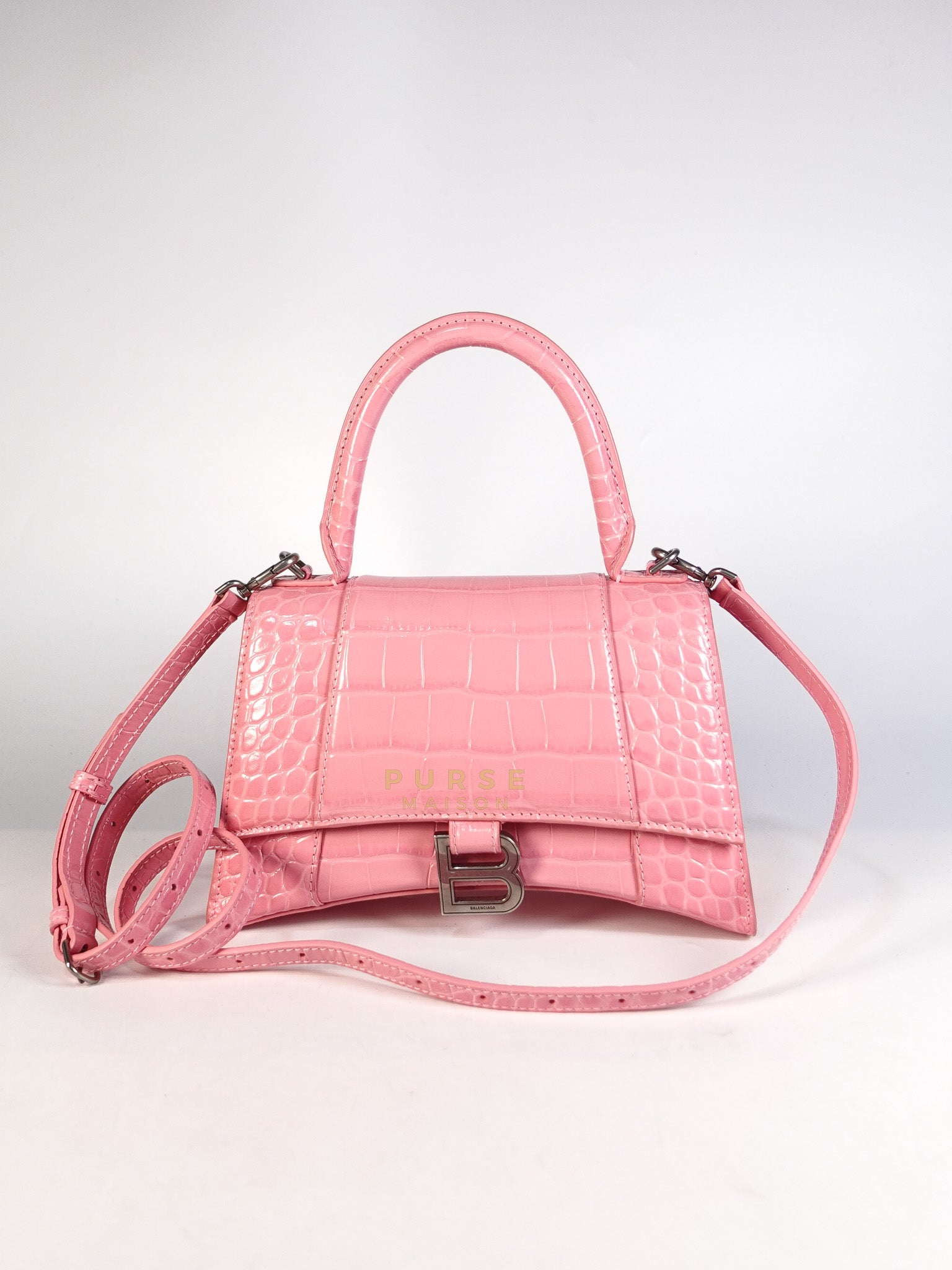 Hourglass Top Handle Bag Small in Pink Crododile Embosed Leather & Silver Hardware | Purse Maison Luxury Bags Shop