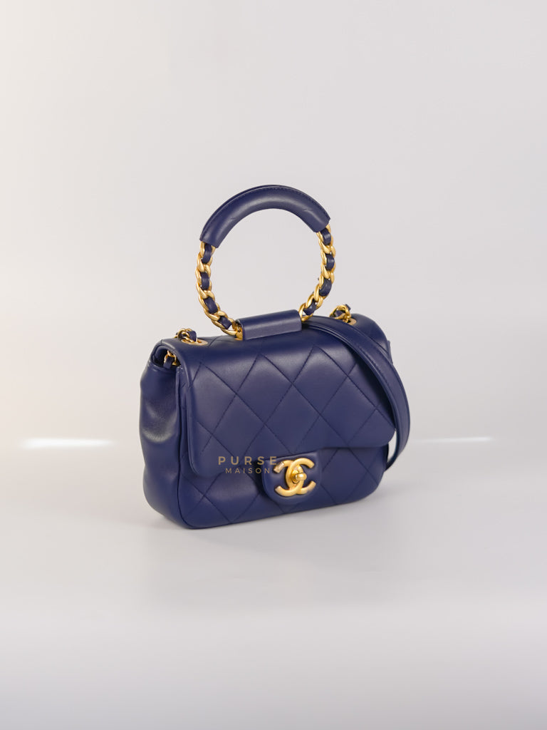 In The Loop Flap Small in Navy Blue Lambskin Leather in Aged Gold Hardware Series 29 | Purse Maison Luxury Bags Shop