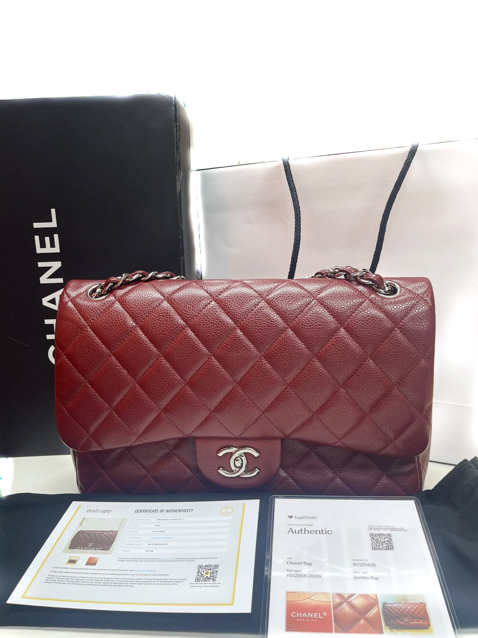 Chanel Classic Double Flap Jumbo in Burgundy Quilted Caviar Leather and Silver Hardware Series 18