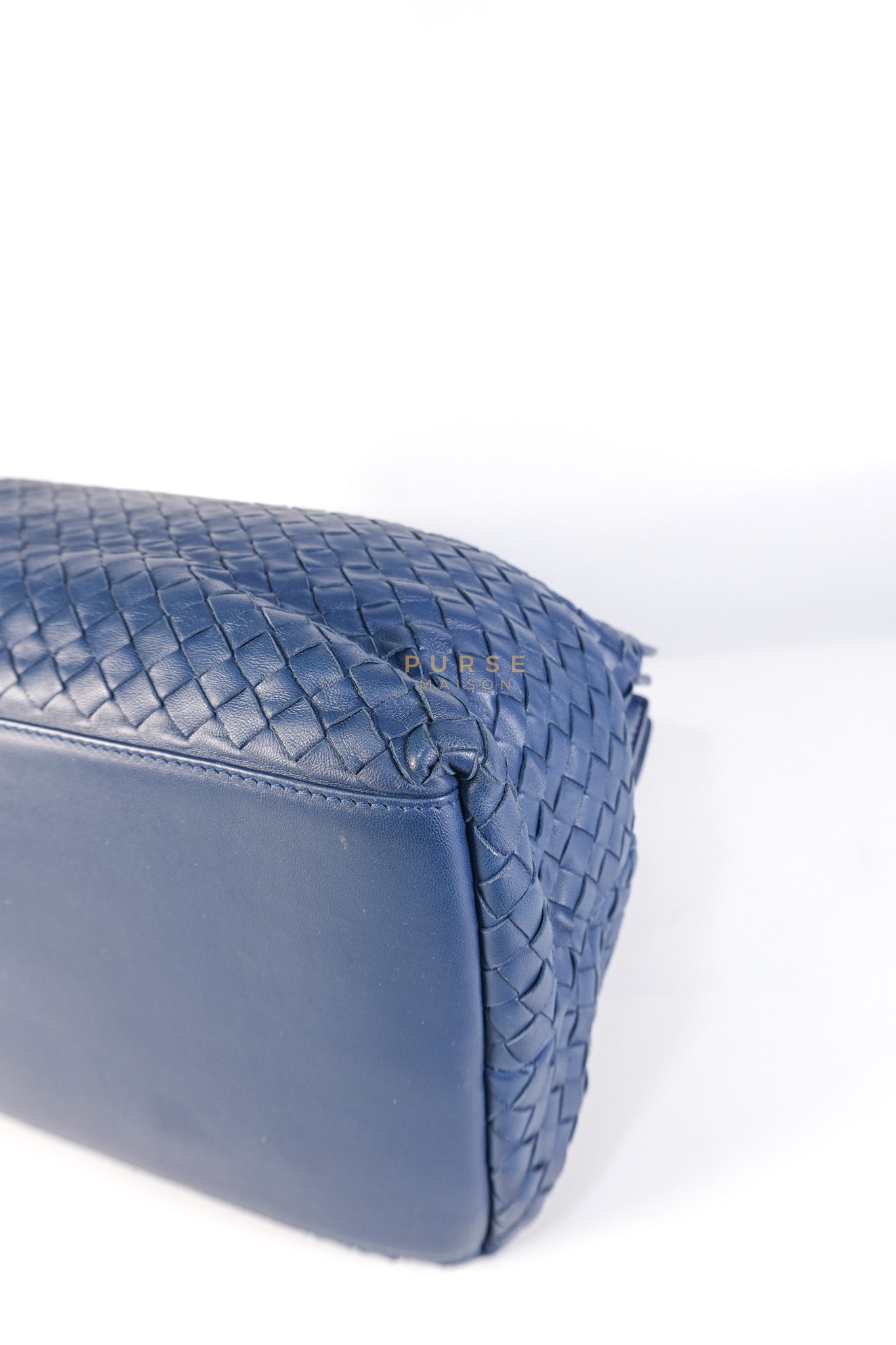 Intercciato Double Zipped Tote Bag in Blue Woven Leather | Purse Maison Luxury Bags Shop