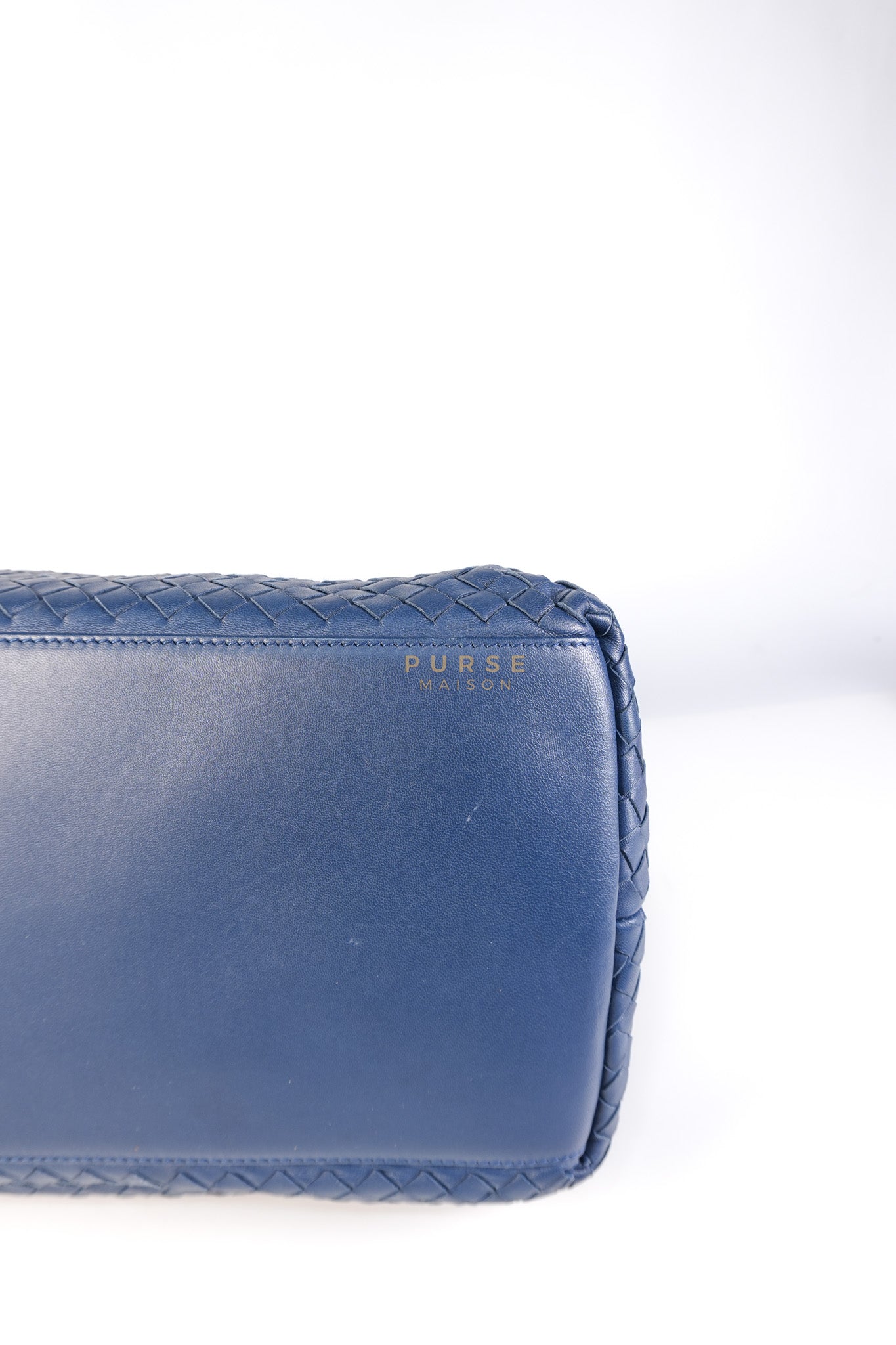 Intercciato Double Zipped Tote Bag in Blue Woven Leather | Purse Maison Luxury Bags Shop