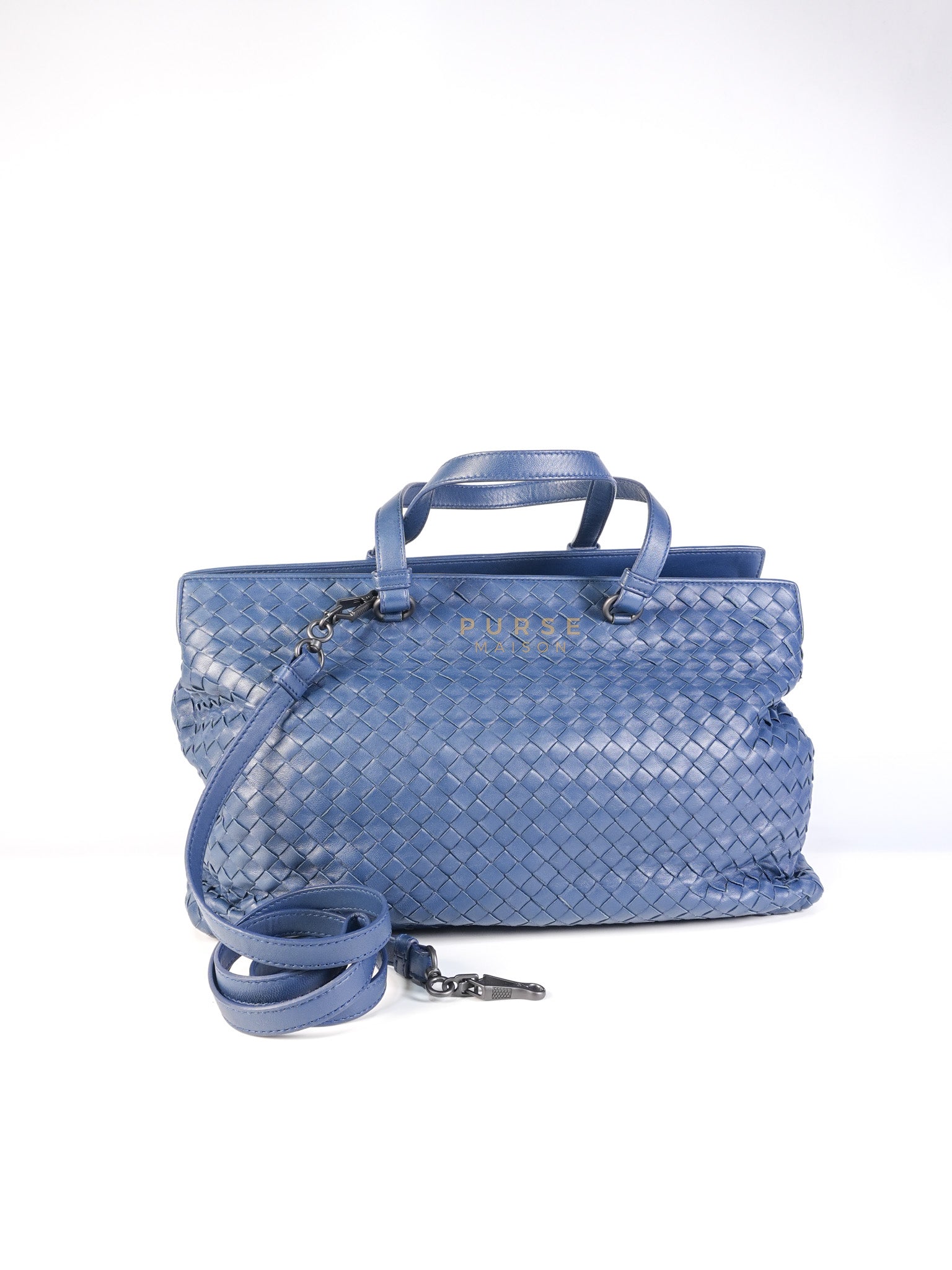 Intercciato Double Zipped Tote Bag in Blue Woven Leather | Purse Maison Luxury Bags Shop