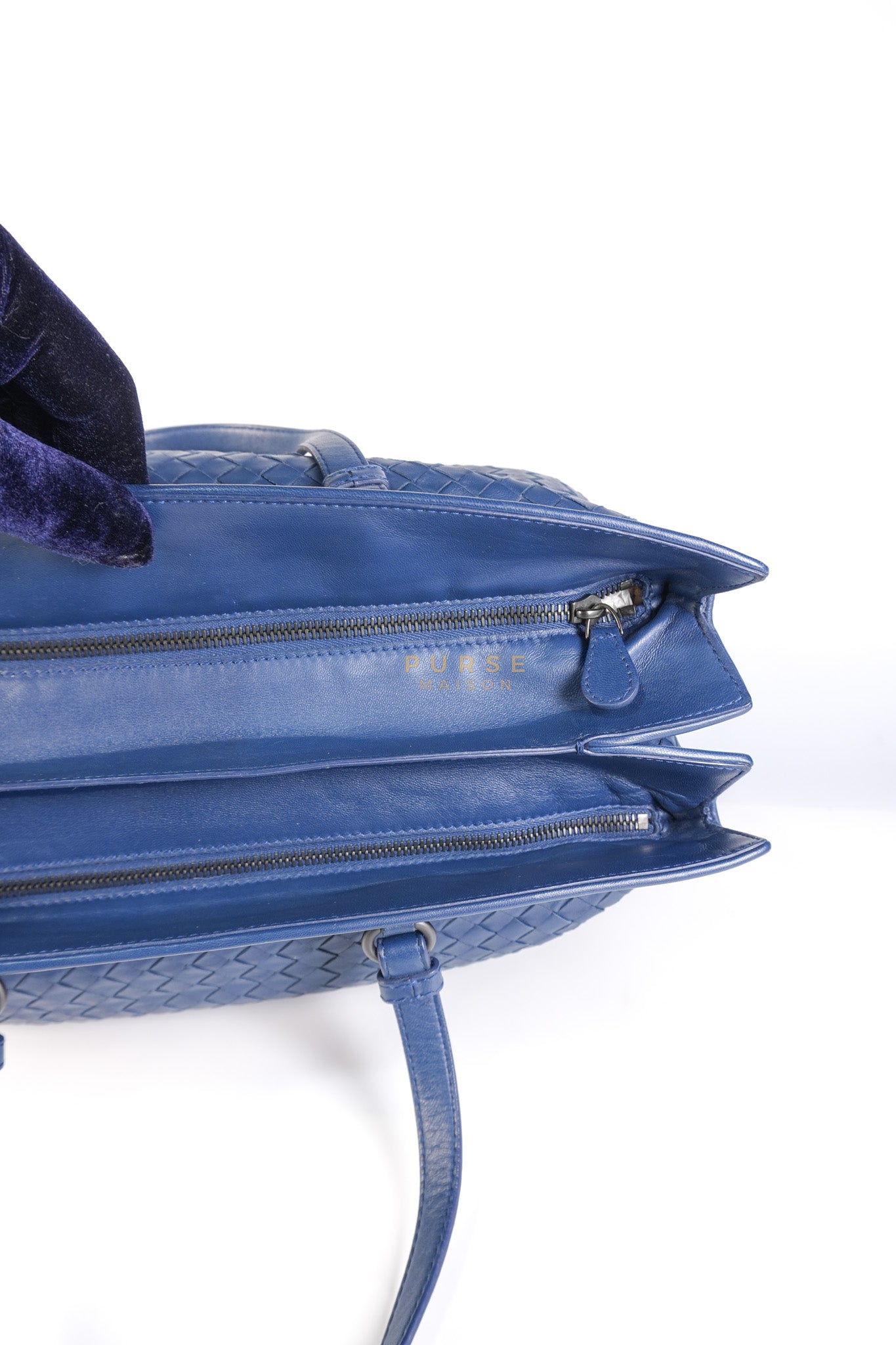 Intercciato Double Zipped Tote Bag in Blue Woven Leather | Purse Maison Luxury Bags Shop