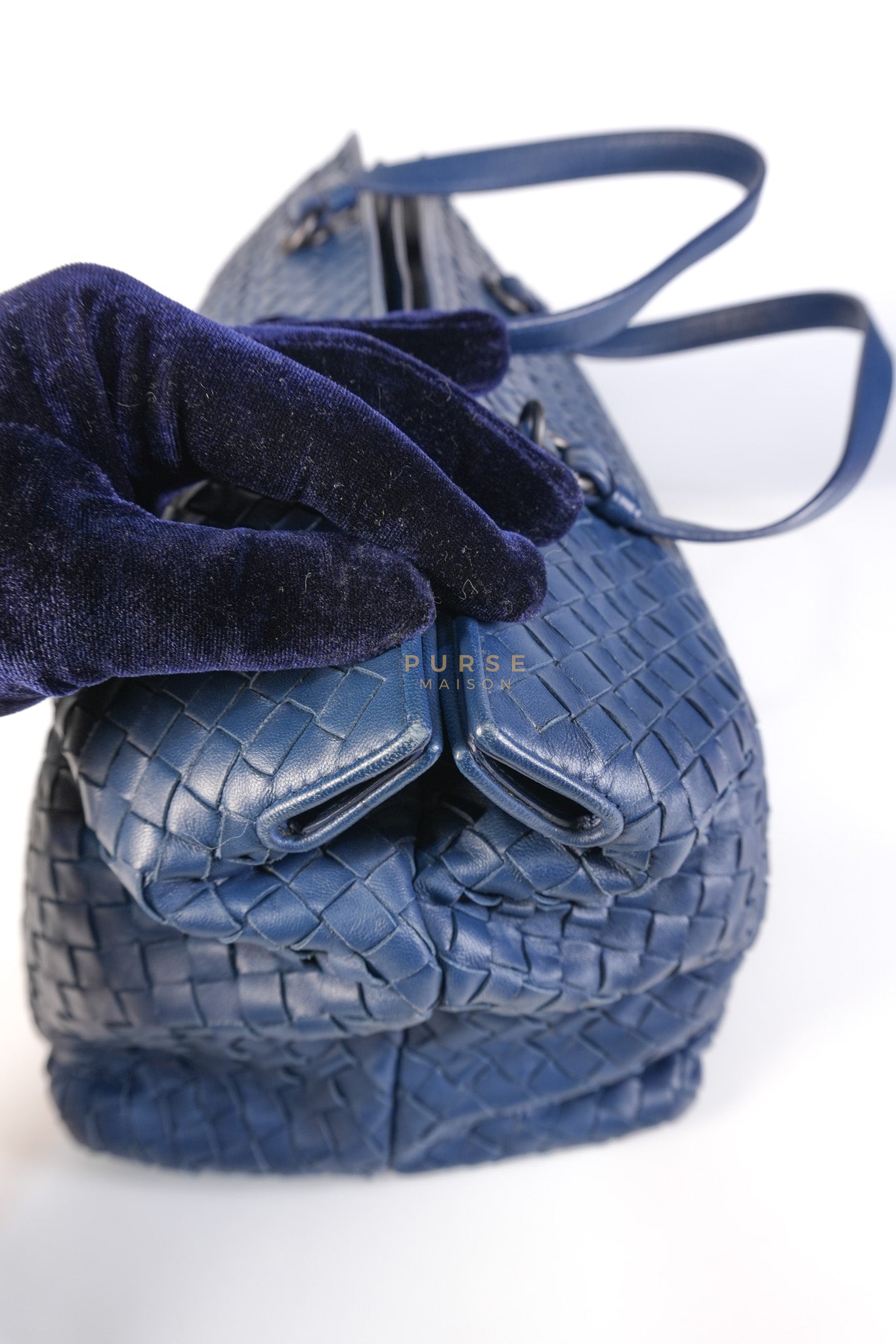 Intercciato Double Zipped Tote Bag in Blue Woven Leather | Purse Maison Luxury Bags Shop