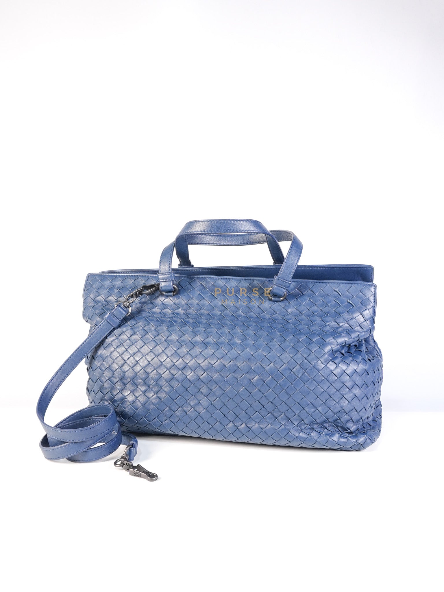 Intercciato Double Zipped Tote Bag in Blue Woven Leather | Purse Maison Luxury Bags Shop