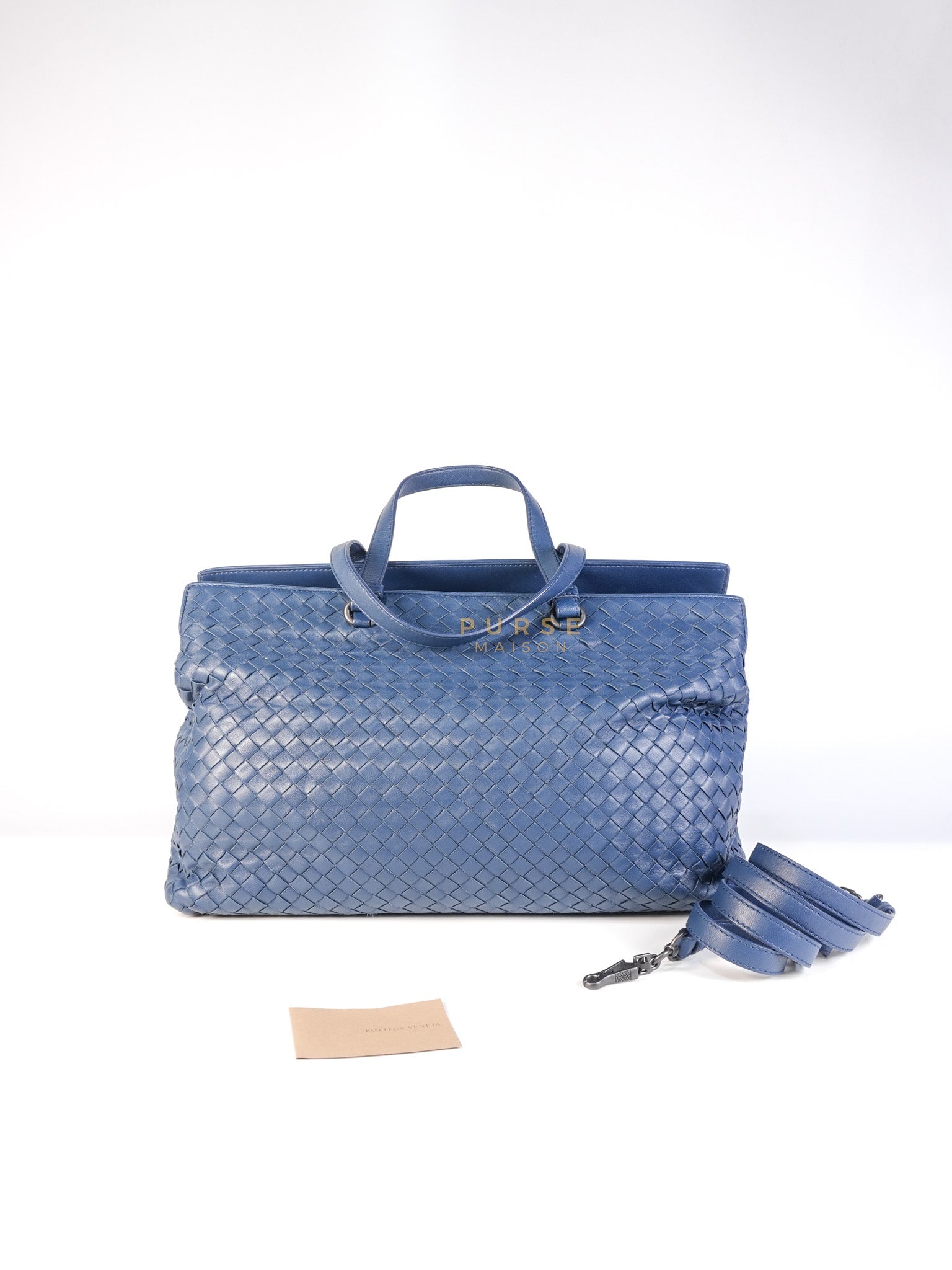 Intercciato Double Zipped Tote Bag in Blue Woven Leather | Purse Maison Luxury Bags Shop